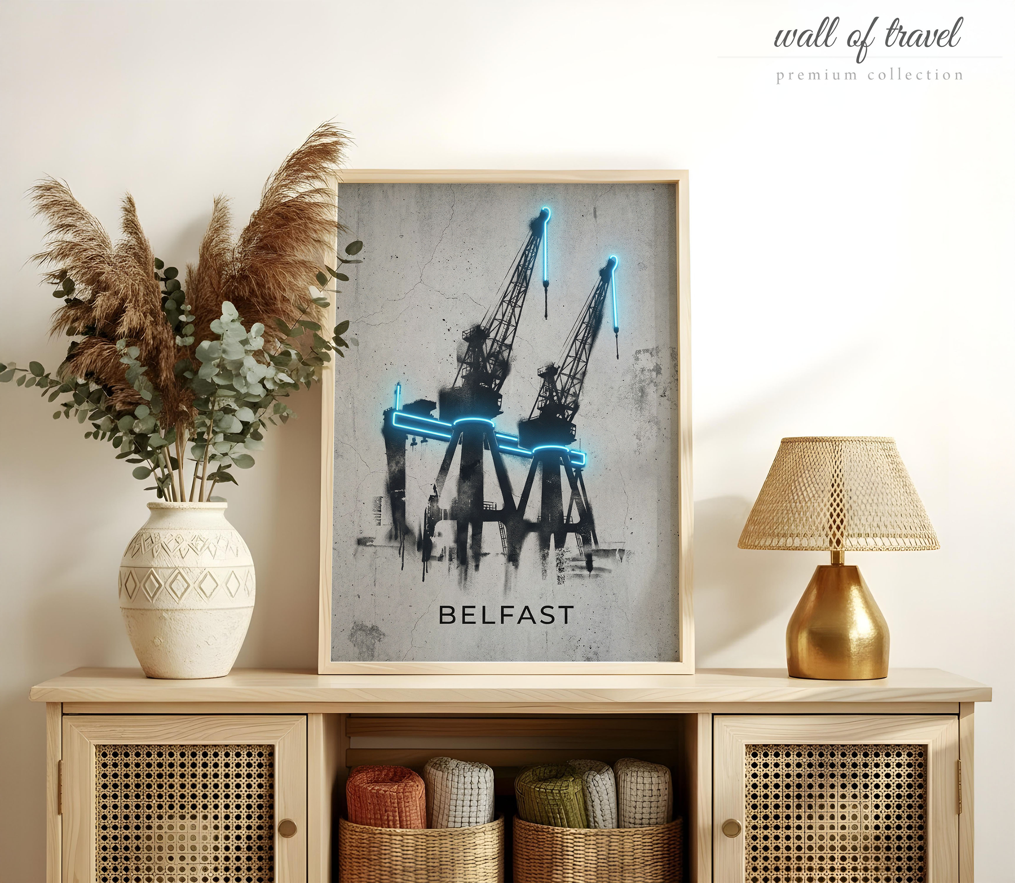 Belfast Northern Ireland Harland and Wolff Cranes Art, Canvas or Poster, Neon Paint Splash Decor, Living Room Home Bar Office Wall Art, Grey