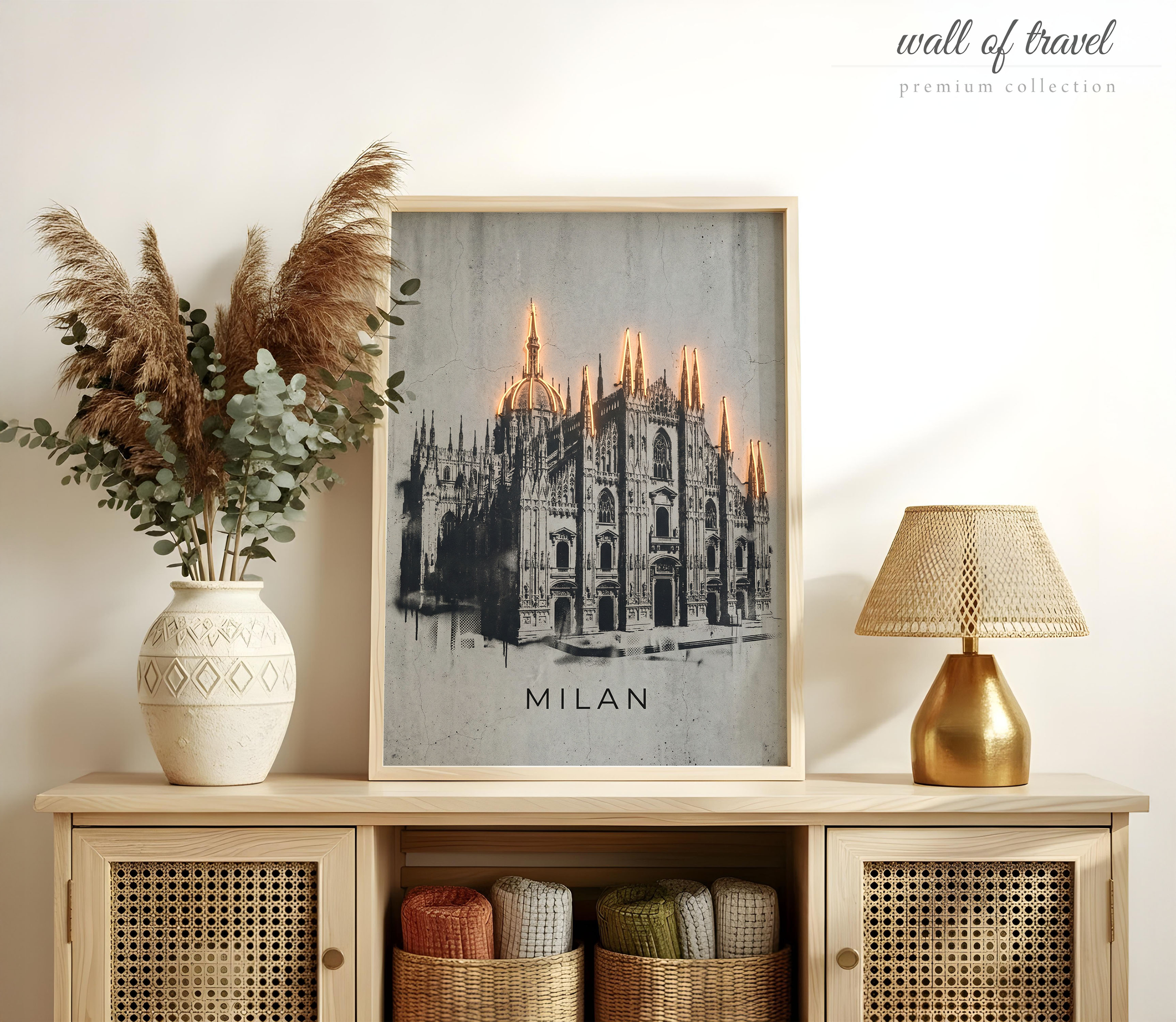 Milan Italy Cathedral Art, Canvas or Poster, Neon Paint Splash Decor, Living Room Entryway Office Vacation Home Wall Art, Gold Grey White