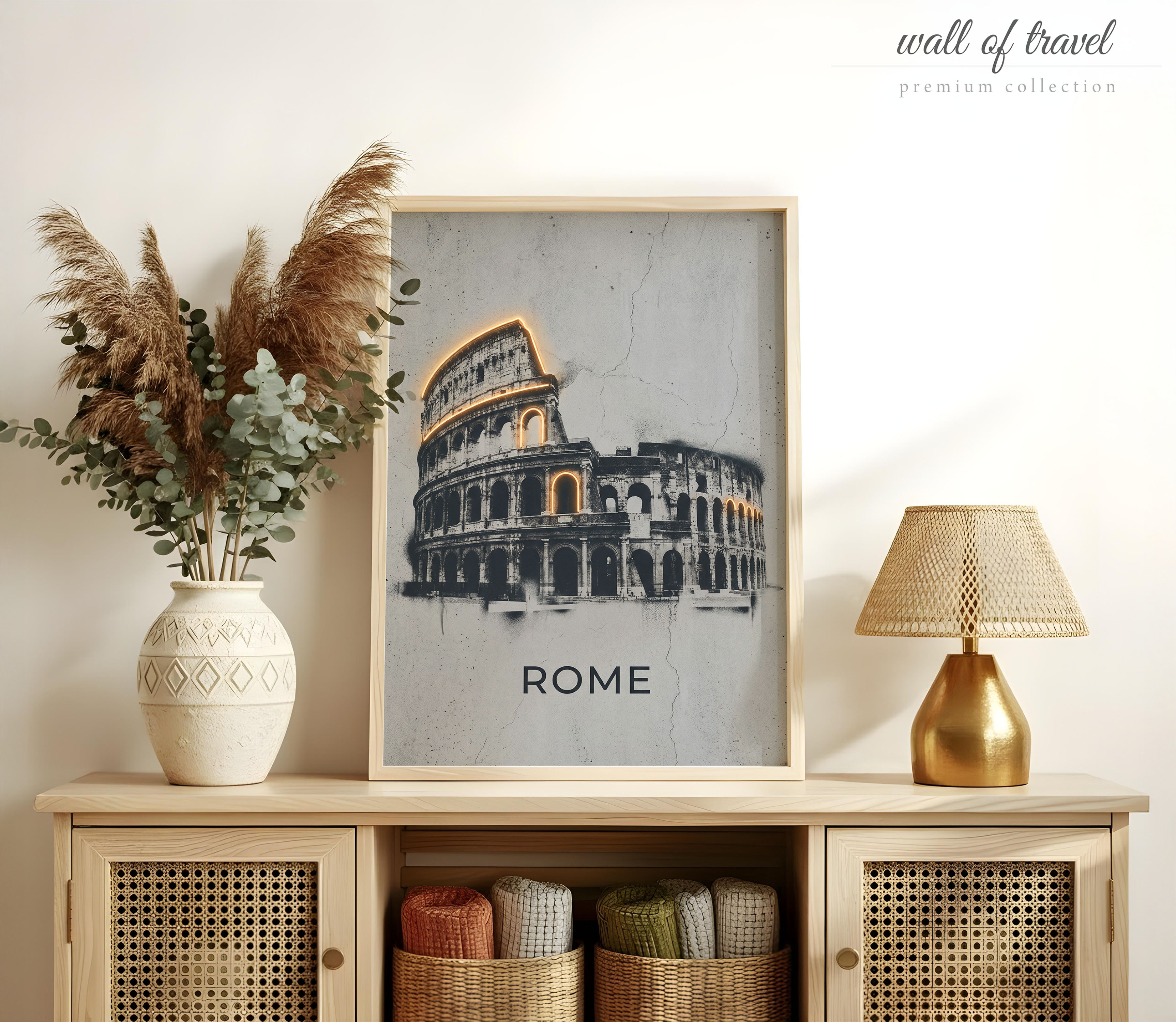 Rome Italy Colosseum Art, Canvas or Poster, Neon Paint Splash Decor, Living Room Bedroom Home Bar Wall Art, Black Orange Grey