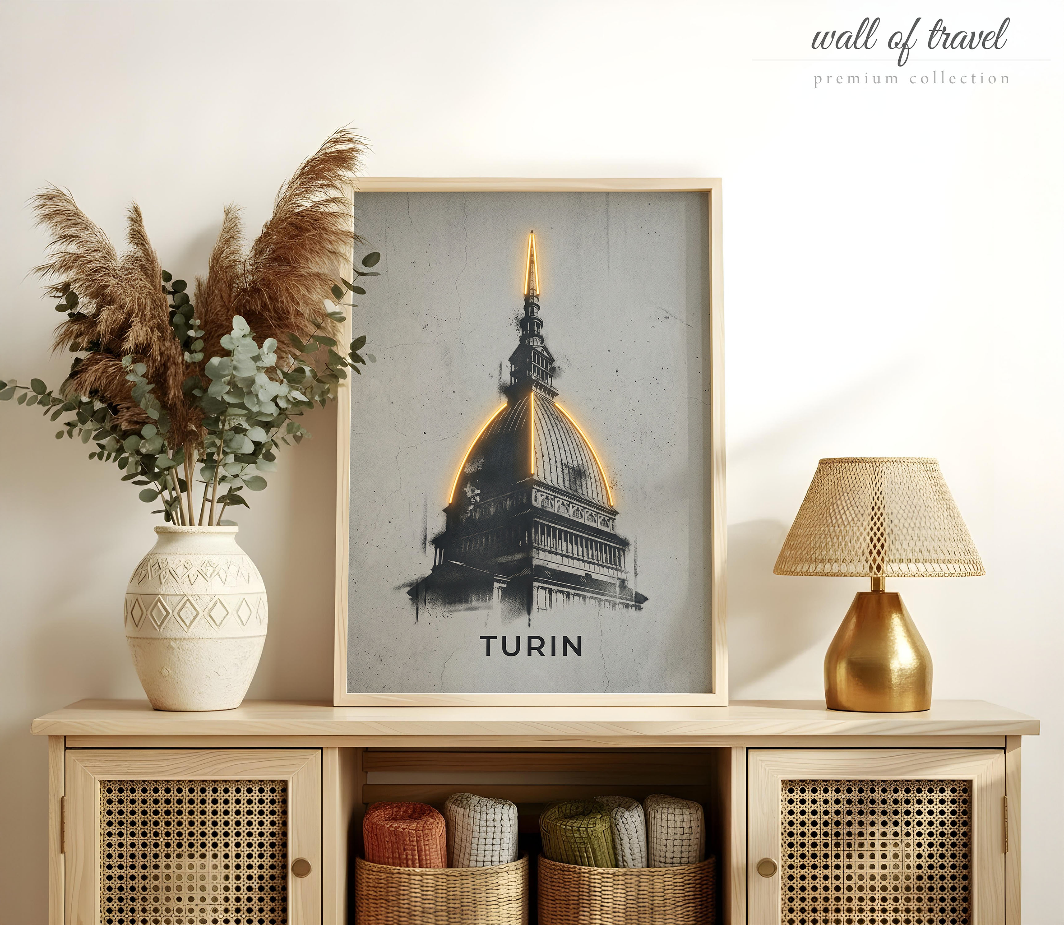Turin Italy Mole Antonelliana Art, Canvas or Poster, Neon Paint Splash Decor, Living Room Office Study Entryway Wall Art, Gold Grey White