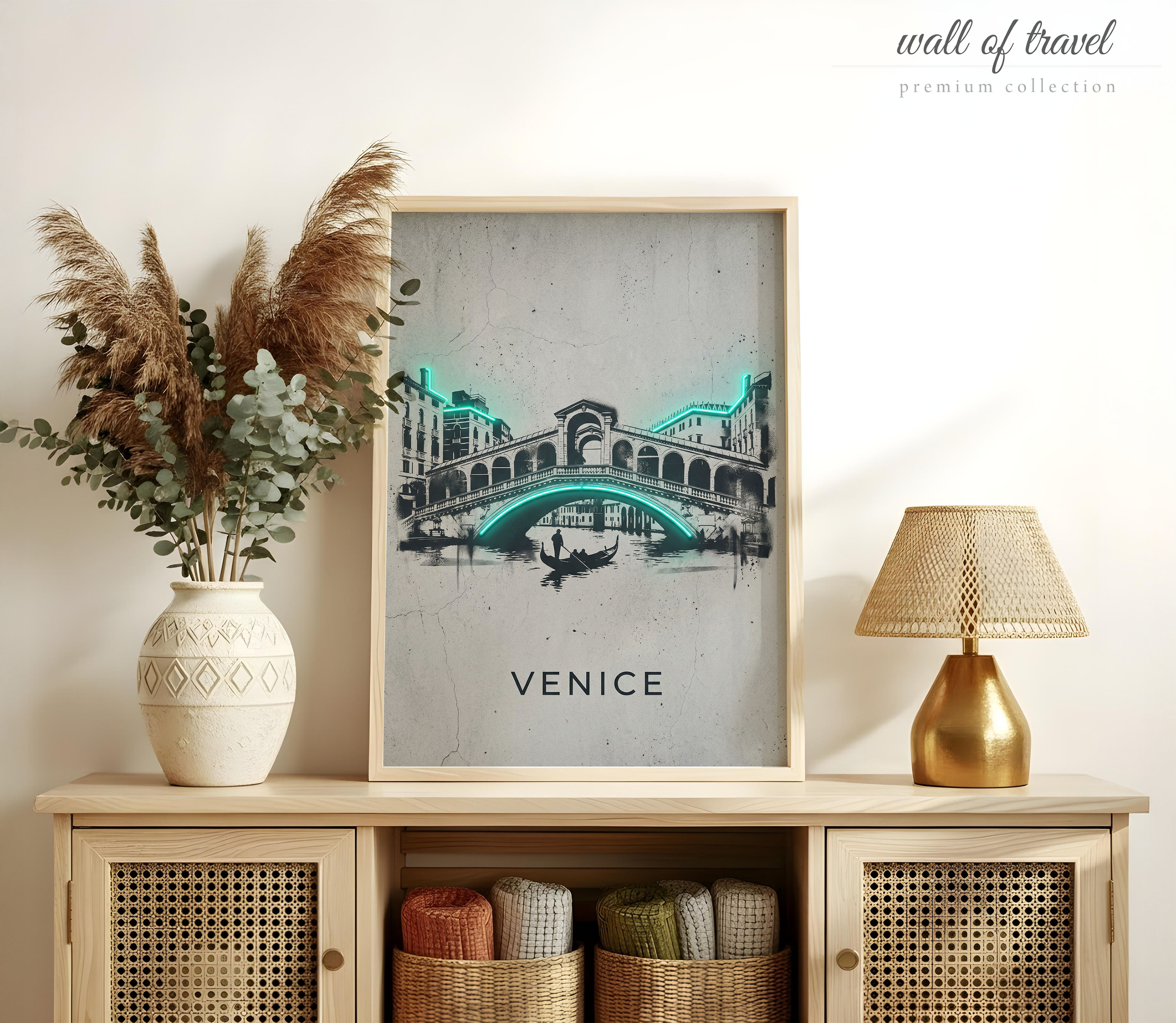 Venice Italy Rialto Bridge Art, Canvas or Poster, Neon Paint Splash Decor, Living Room Entryway Vacation Home Wall Art, Teal Black White