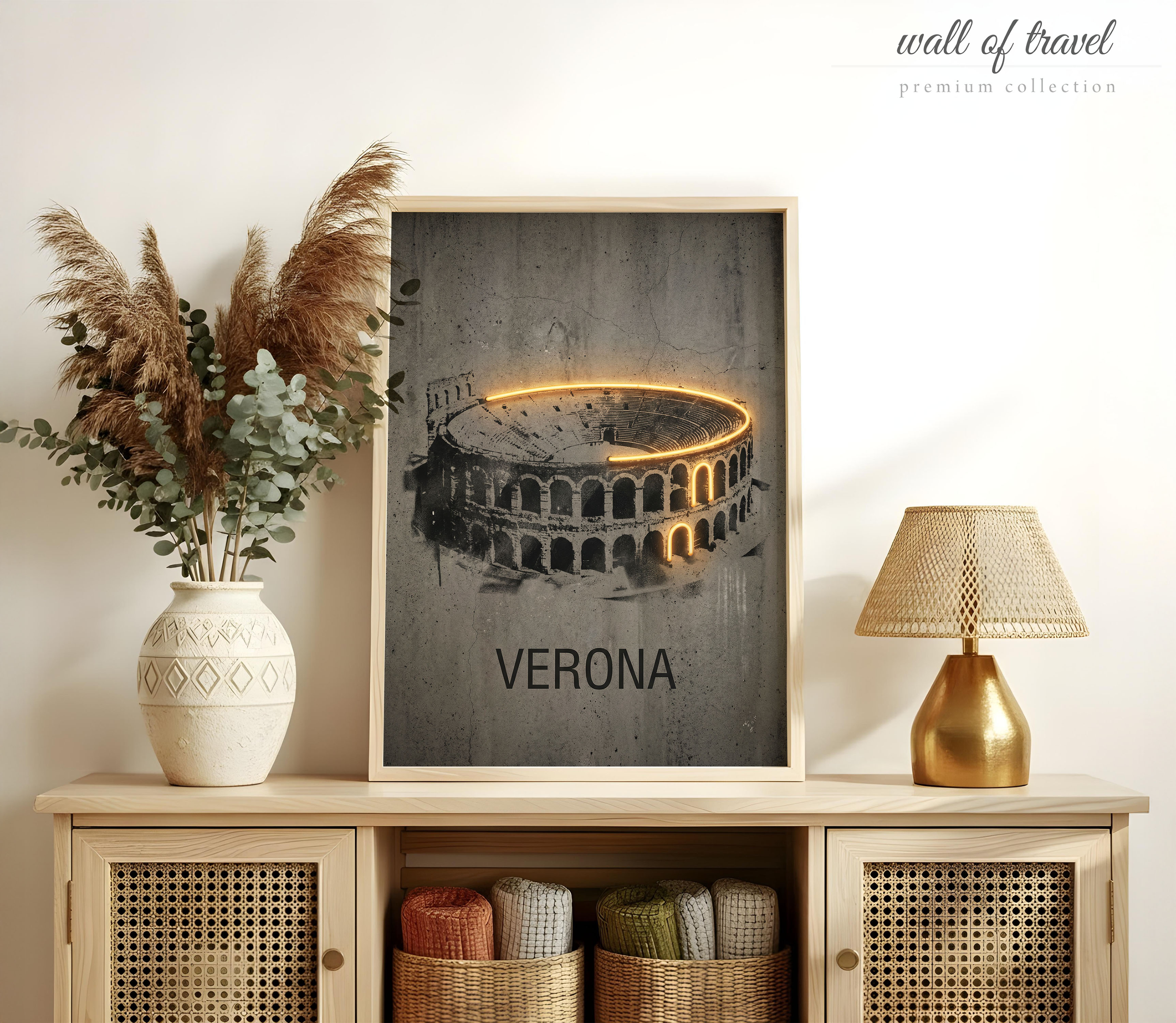 Verona Italy Arena di Art, Canvas or Poster, Neon Paint Splash Decor, Living Room Entryway Home Bar Hotel Wall Art, Orange Black Grey White