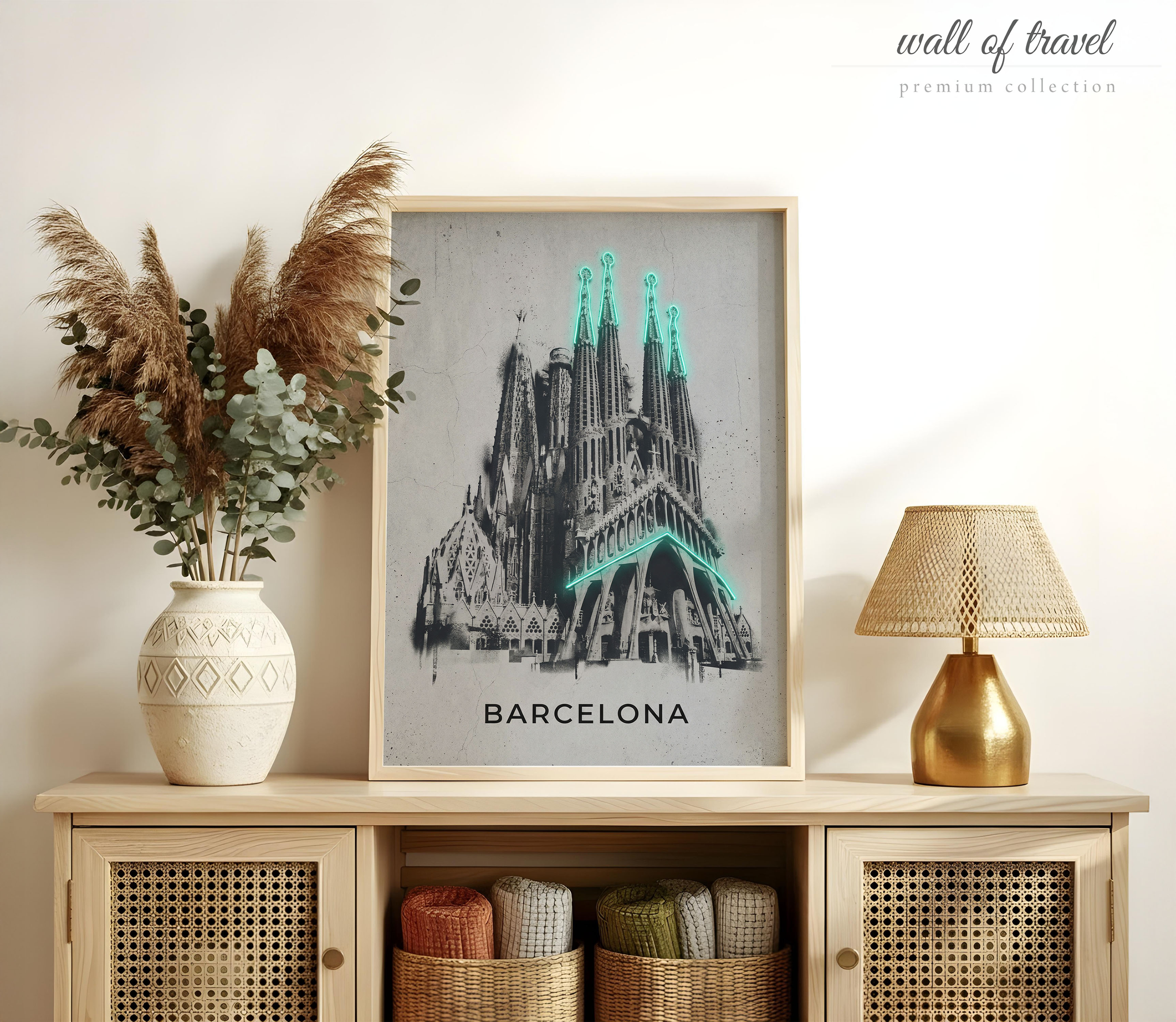 Barcelona Spain Sagrada Familia Art, Canvas or Poster, Neon Paint Splash Decor, Living Room Bedroom Office Wall Art, Black Turquoise Grey