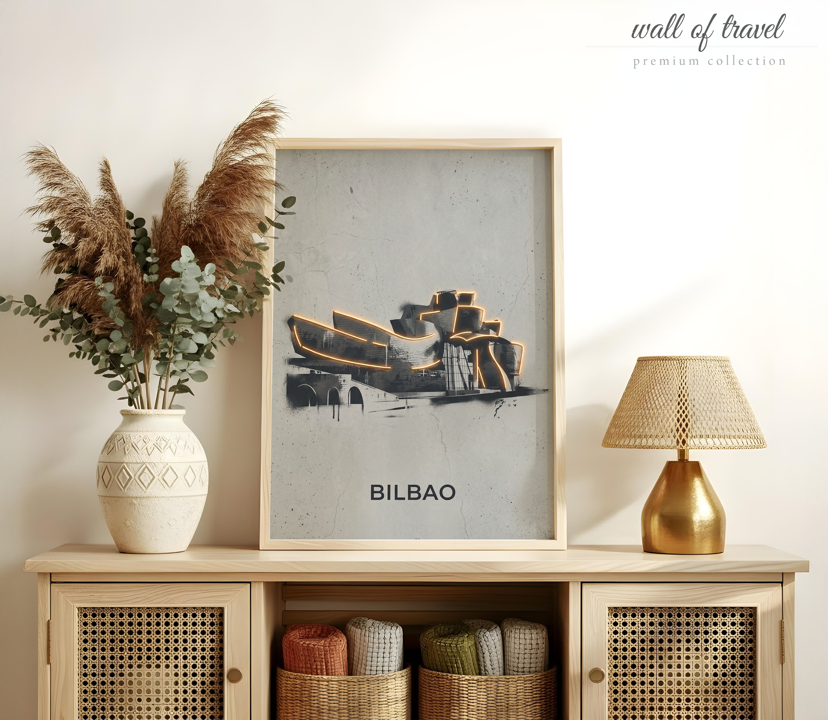 Bilbao Spain Guggenheim Museum Art, Canvas or Poster, Neon Paint Splash Decor, Living Room Office Entryway Wall Art, Grey Orange Black White