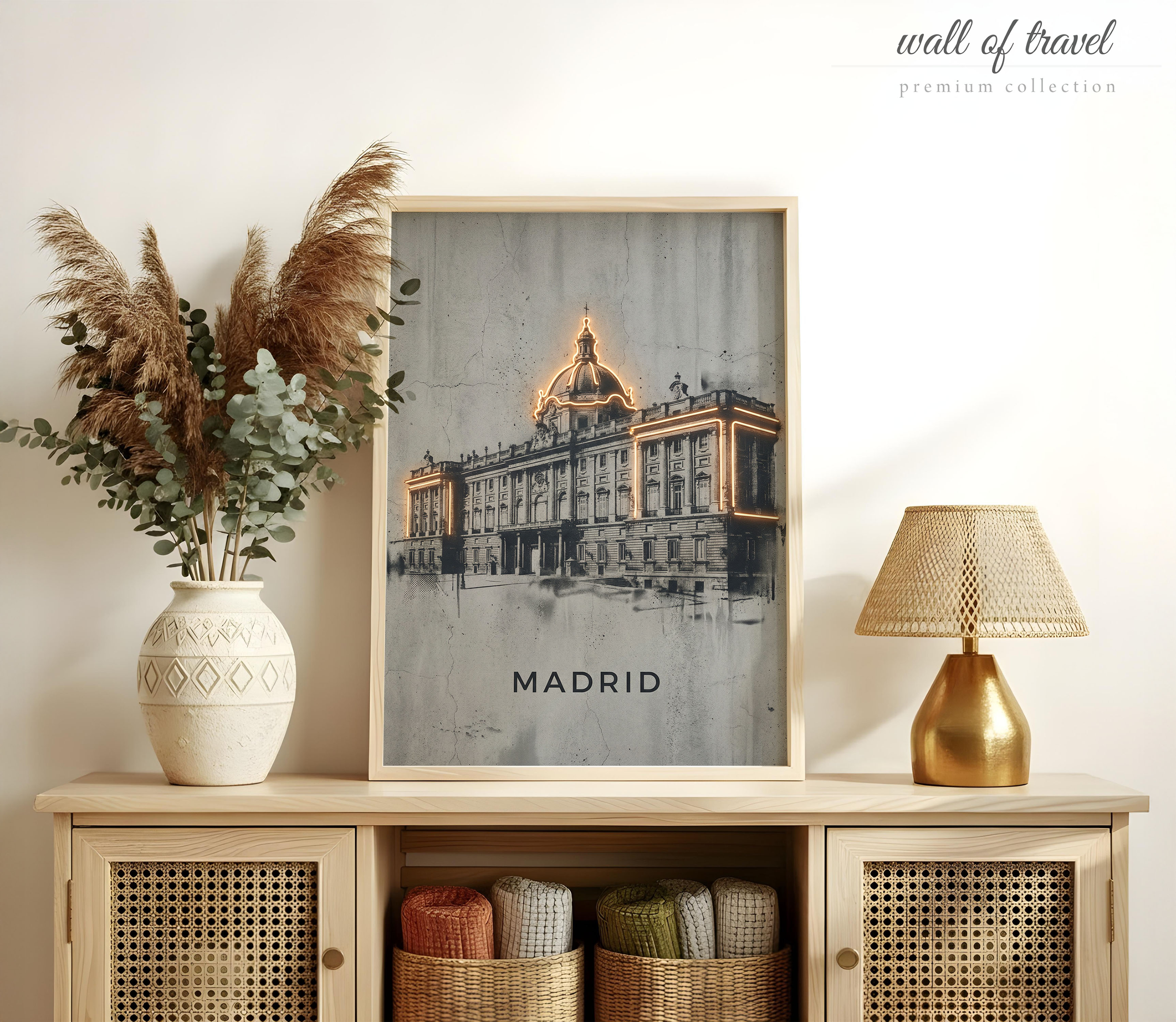 Madrid Spain Royal Palace Art, Canvas or Poster, Neon Paint Splash Decor, Living Room Office Entryway Wall Art, Black White Gold Grey Orange