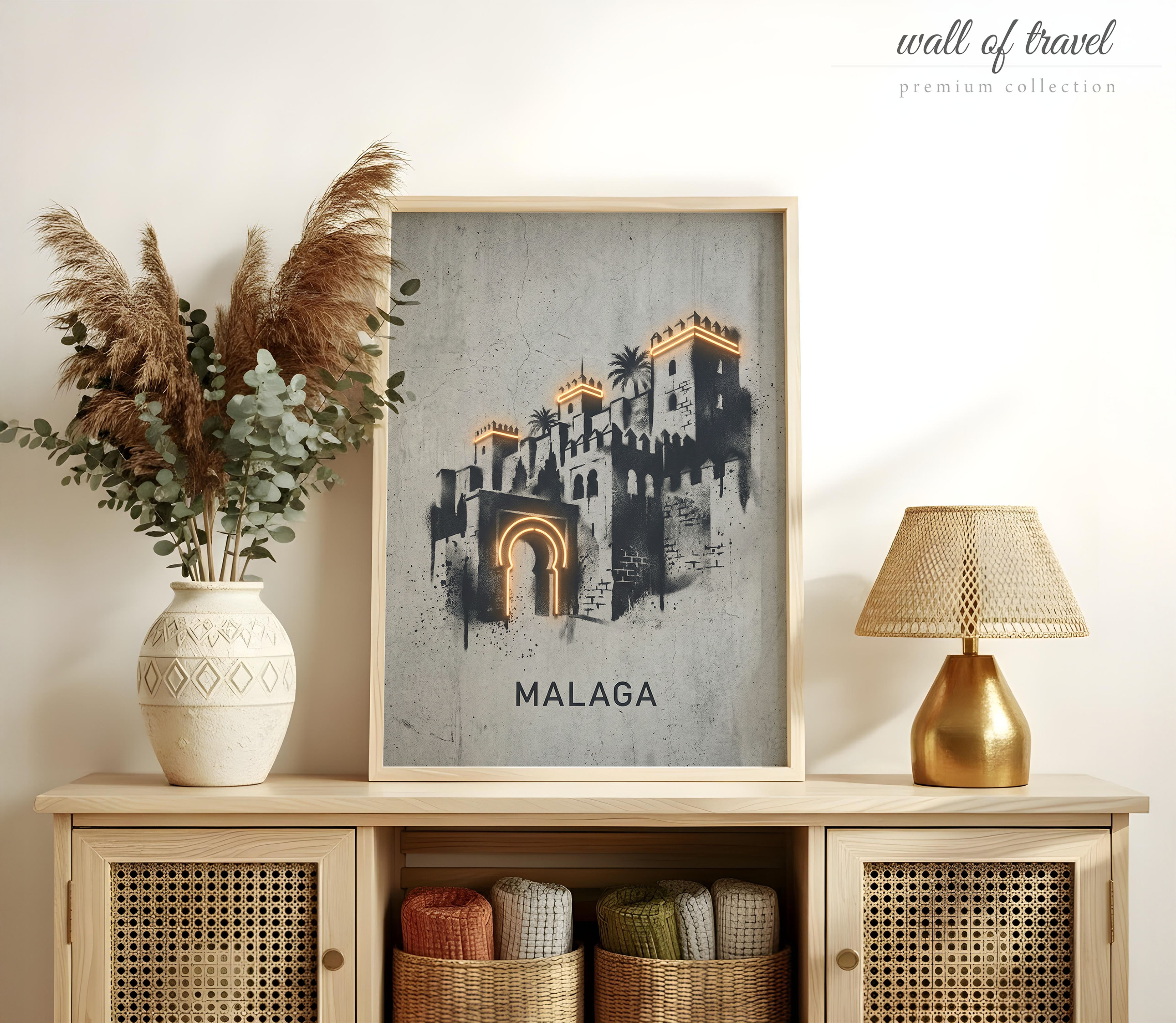 Malaga Spain Alcazaba of Malaga Art, Canvas or Poster, Neon Paint Splash Decor, Living Room Office Vacation Home Wall Art, Orange Black Grey