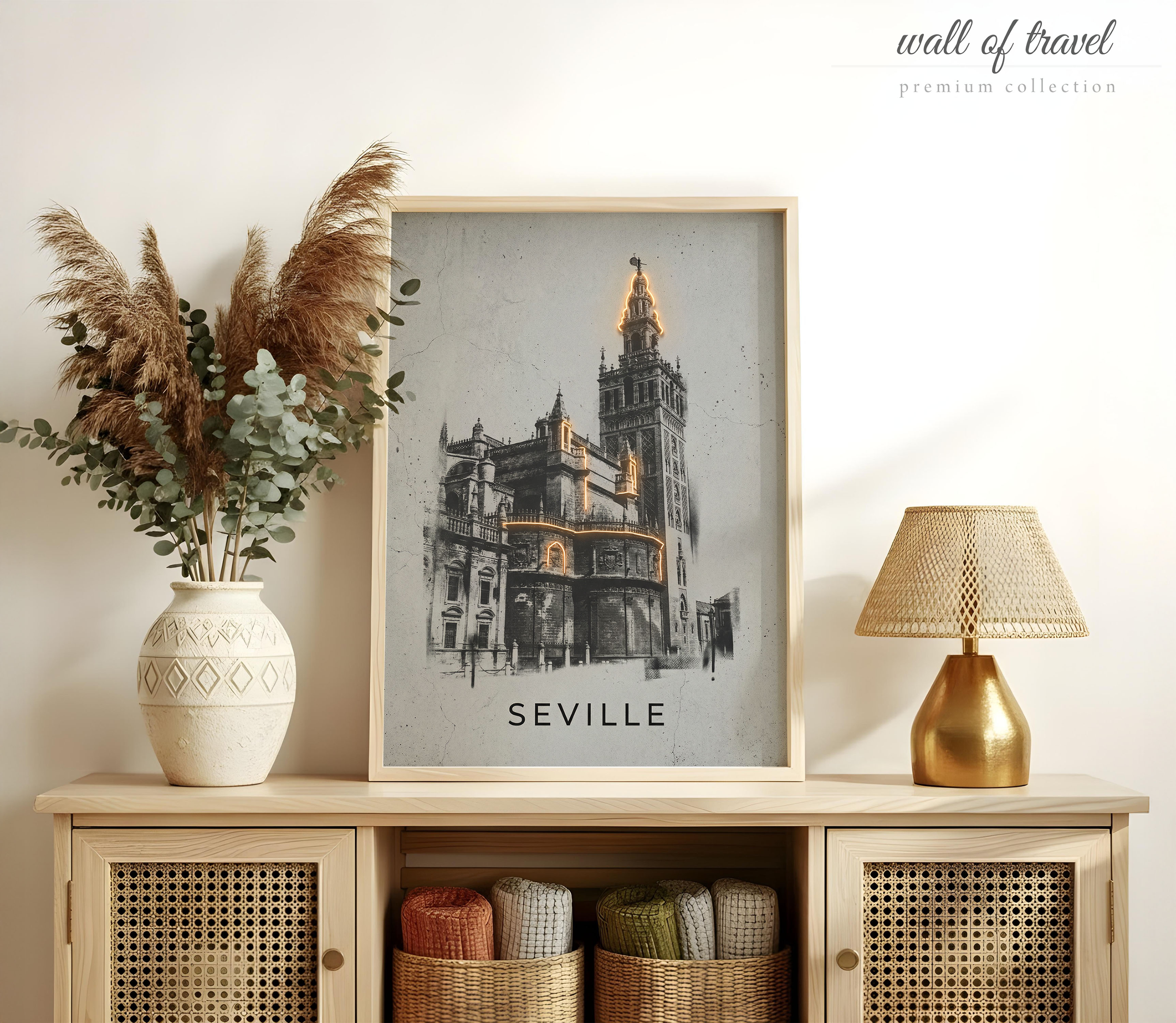 Seville Spain La Giralda Art, Canvas or Poster, Vintage Travel Deco Decor, Living Room Entryway Vacation Home Wall Art, Black White Gold