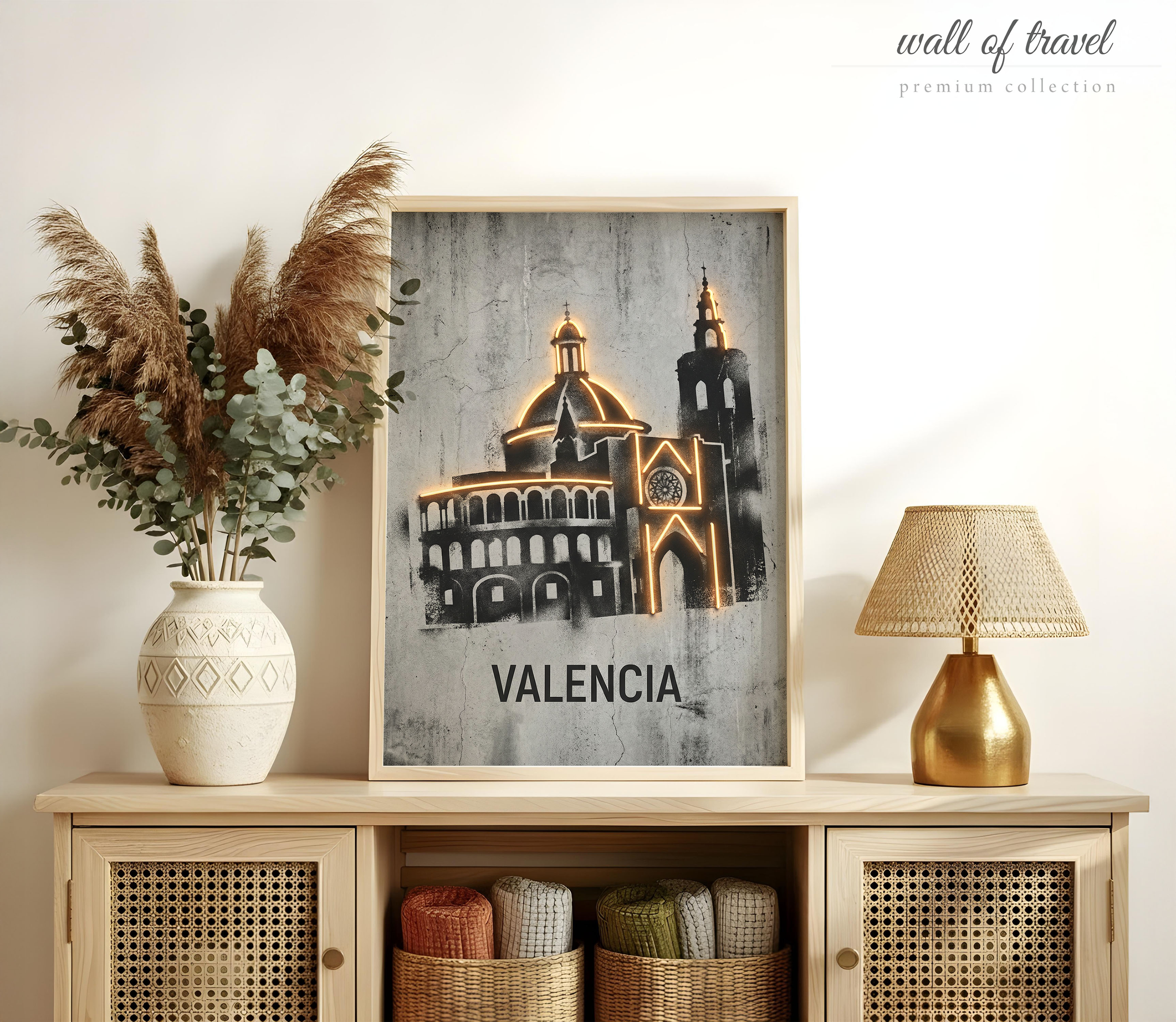 Valencia Spain Valencia Cathedral Art, Canvas or Poster, Neon Paint Splash Decor, Living Room Entryway Home Bar Wall Art, Black Grey Orange