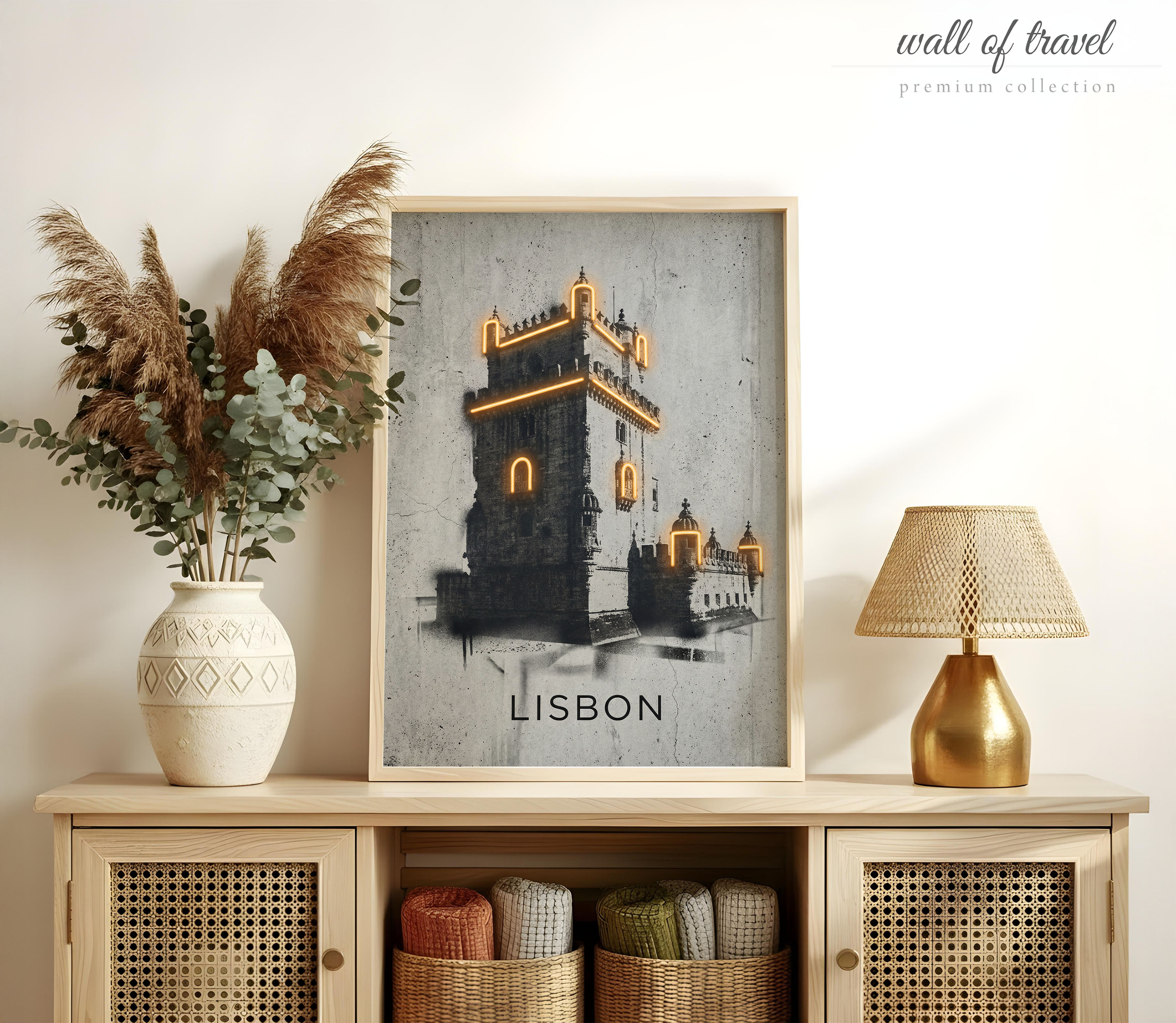Lisbon Portugal Belém Tower Art, Canvas or Poster, Neon Paint Splash Decor, Living Room Office Entryway Wall Art, Black White Orange Grey