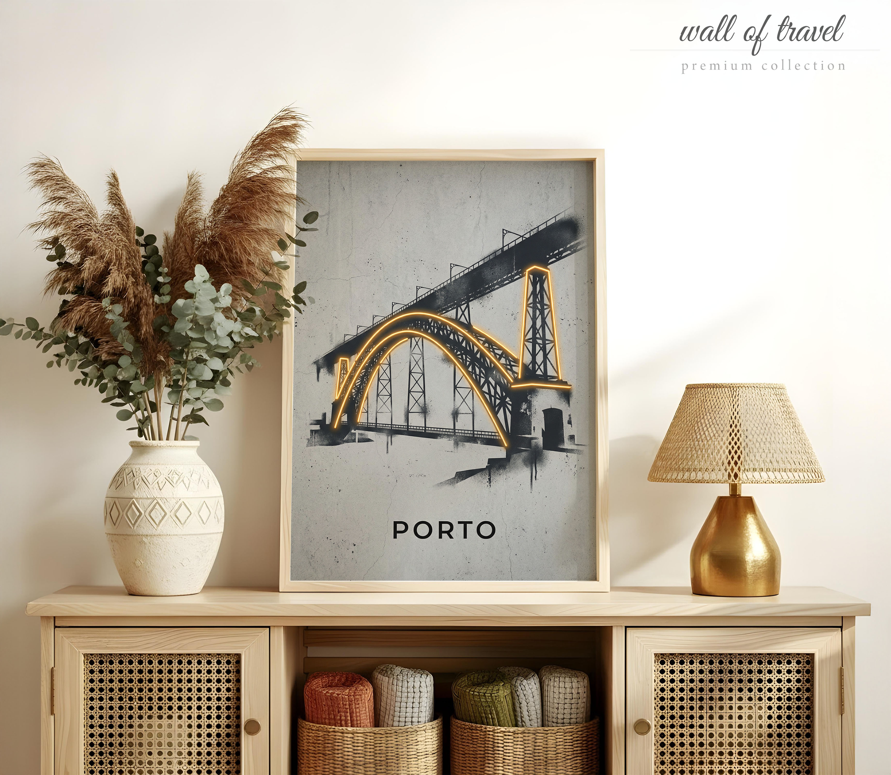 Porto Portugal Dom Luís I Bridge Art, Canvas or Poster, Graffiti Pop Art Decor, Living Room Office Entryway Wall Art, Orange Black Grey
