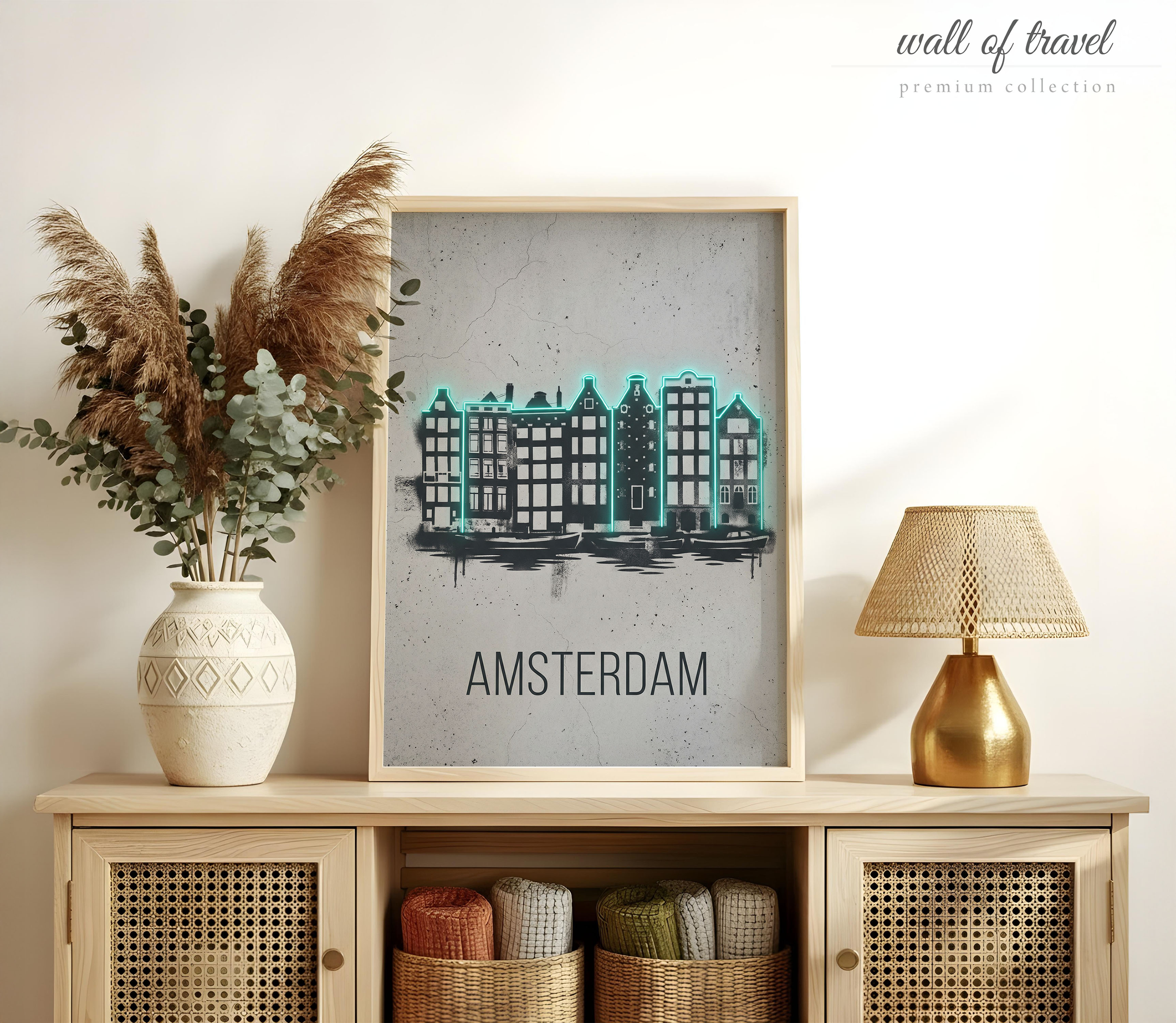 Amsterdam Netherlands Canal Houses Art, Canvas or Poster, Neon Paint Splash Decor, Living Room Bedroom Office Wall Art, Teal Black Grey