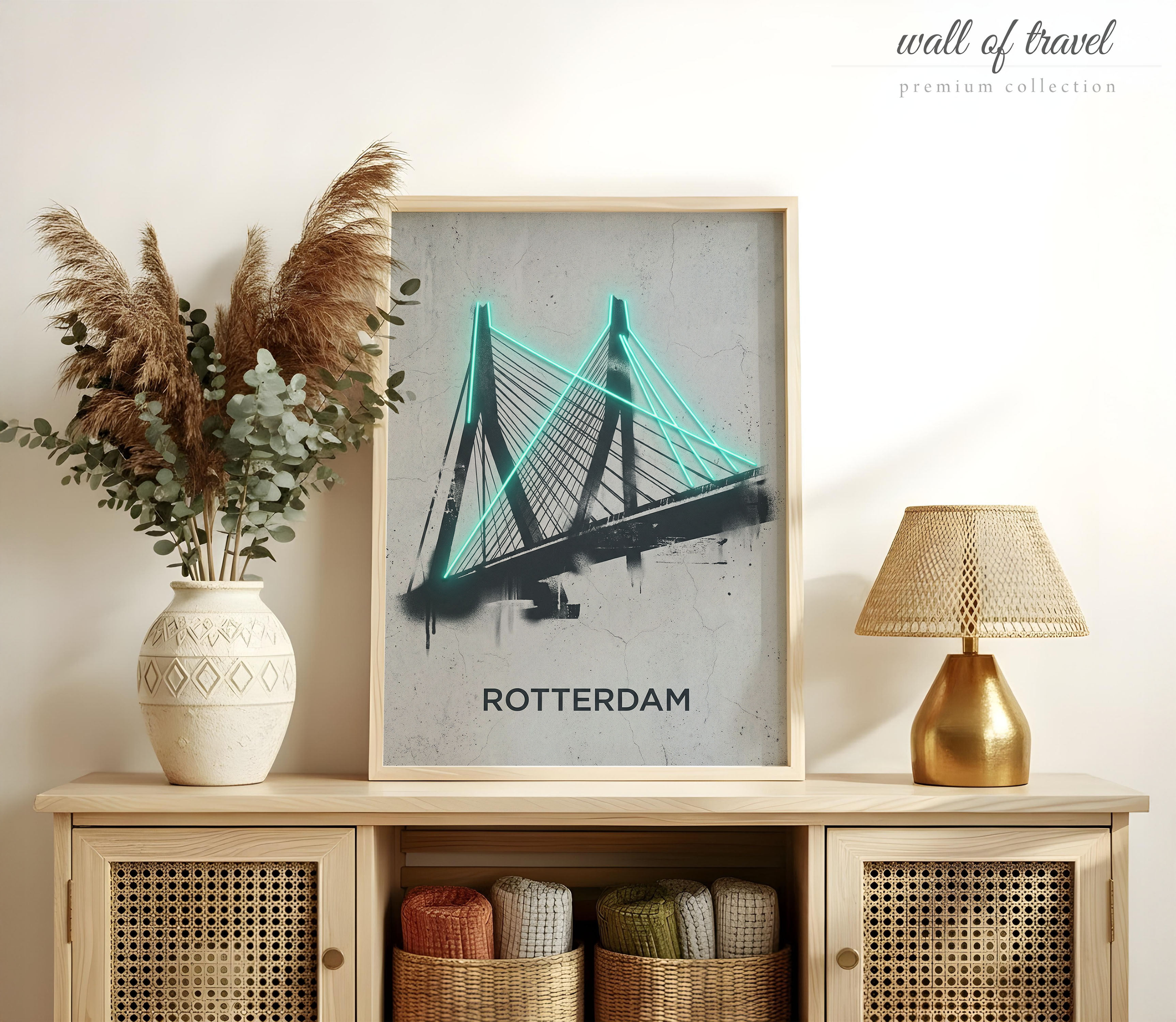 Rotterdam Netherlands Erasmusbrug Art, Canvas or Poster, Neon Paint Splash Decor, Living Room Office Entryway Wall Art, Teal Black Grey