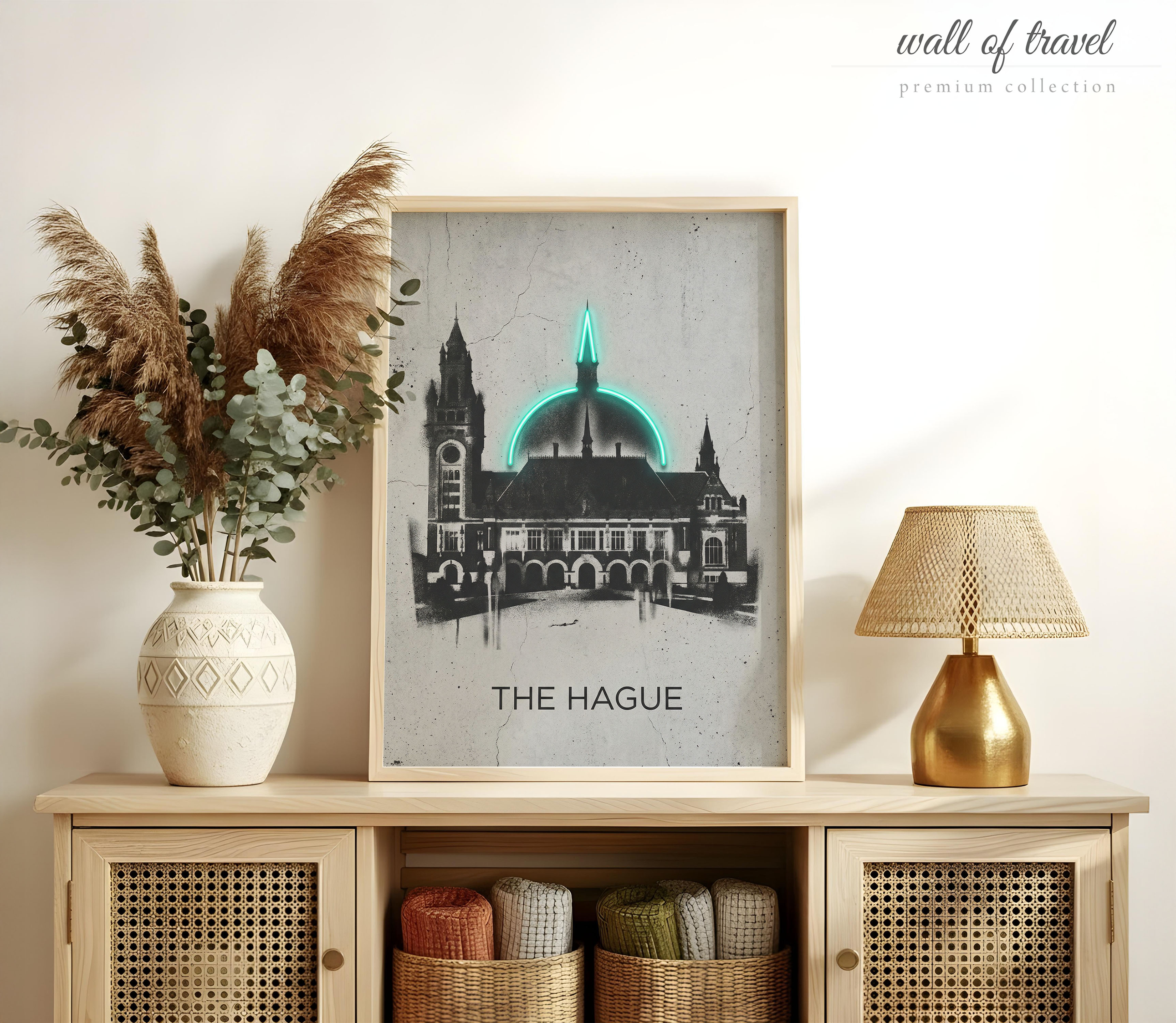 The Hague Netherlands Peace Palace Art, Canvas or Poster, Neon Paint Splash Decor, Living Room Office Study Wall Art, Teal Black Grey White