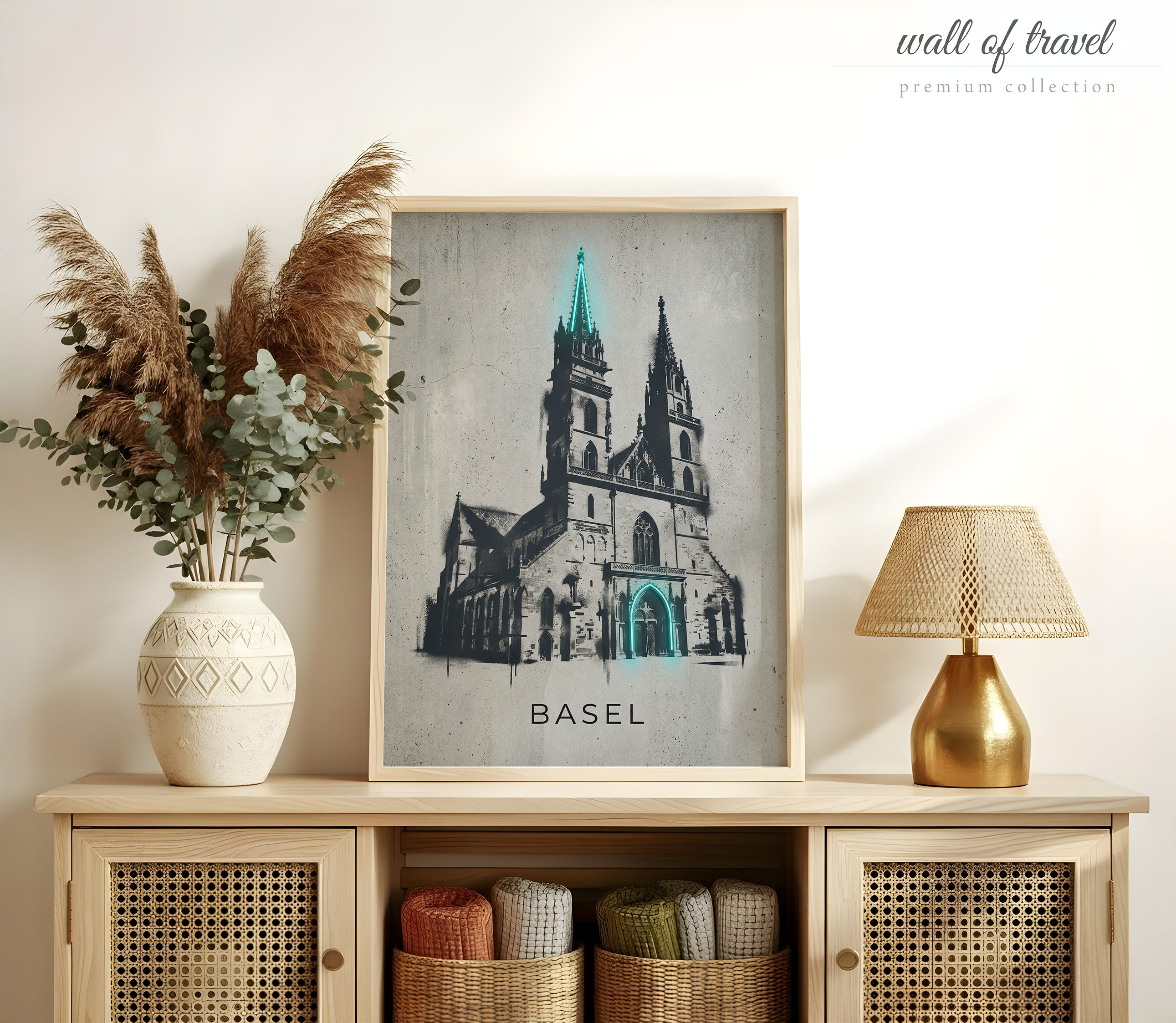 Basel Switzerland Minster Art, Canvas or Poster, Graffiti Pop Art Decor, Living Room Entryway Office Cafe Wall Art, Teal Black Grey White