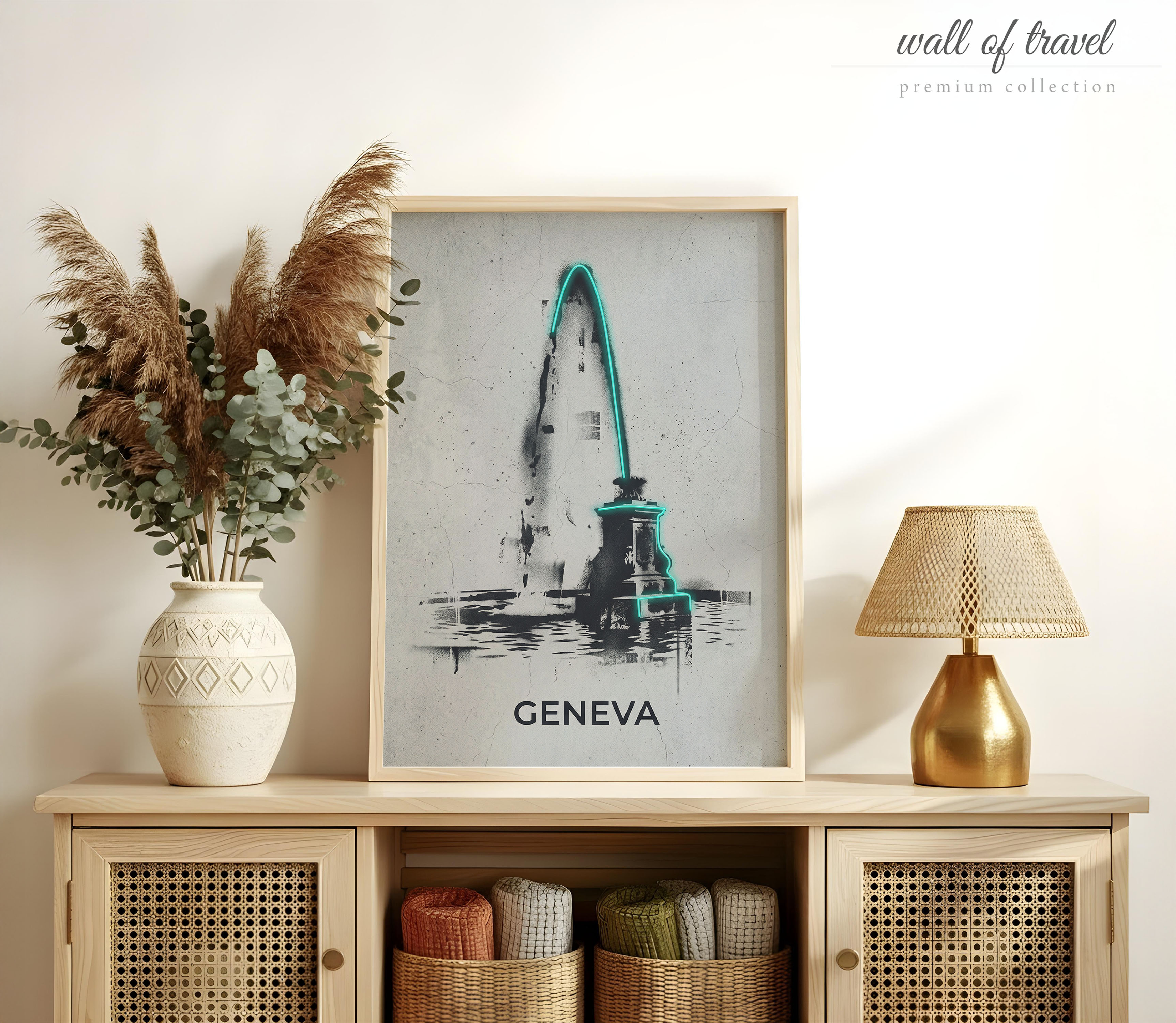 Geneva Switzerland Jet d'Eau Art, Canvas or Poster, Neon Paint Splash Decor, Living Room Office Entryway Wall Art, Teal Black White Grey