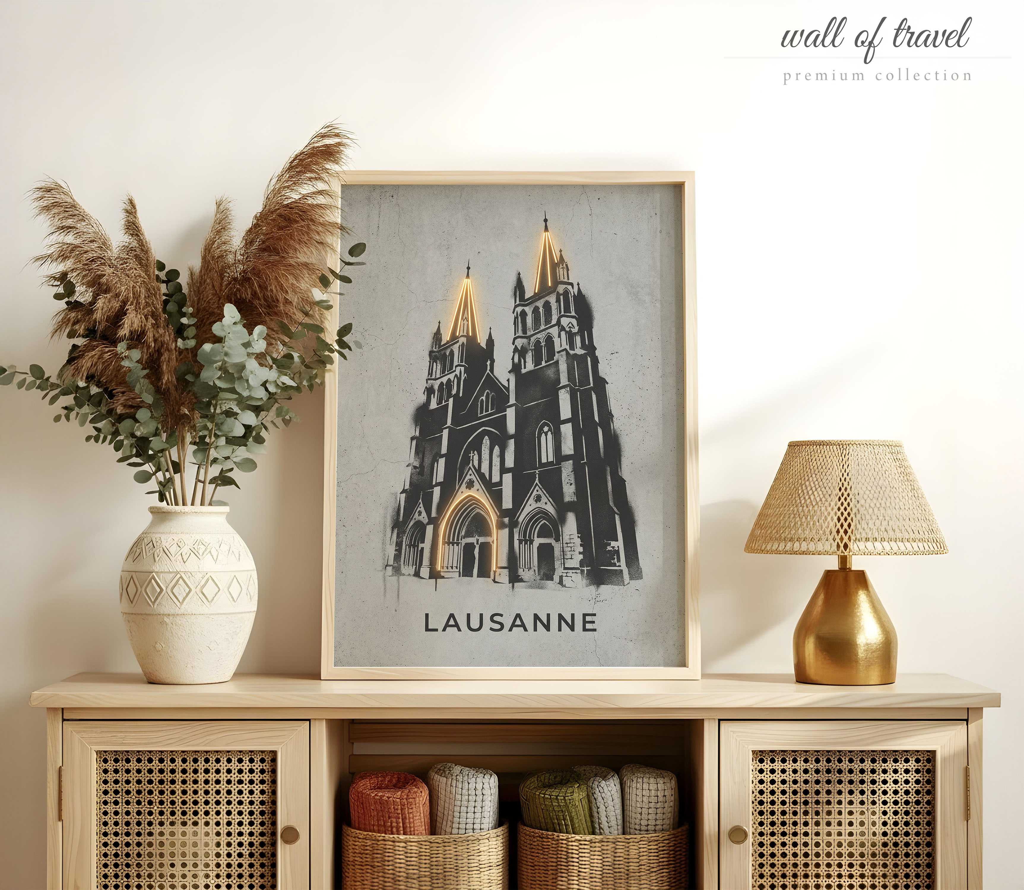 Lausanne Switzerland Cathedral Art, Canvas or Poster, Neon Paint Splash Decor, Living Room Office Entryway Wall Art, Black White Gold Grey