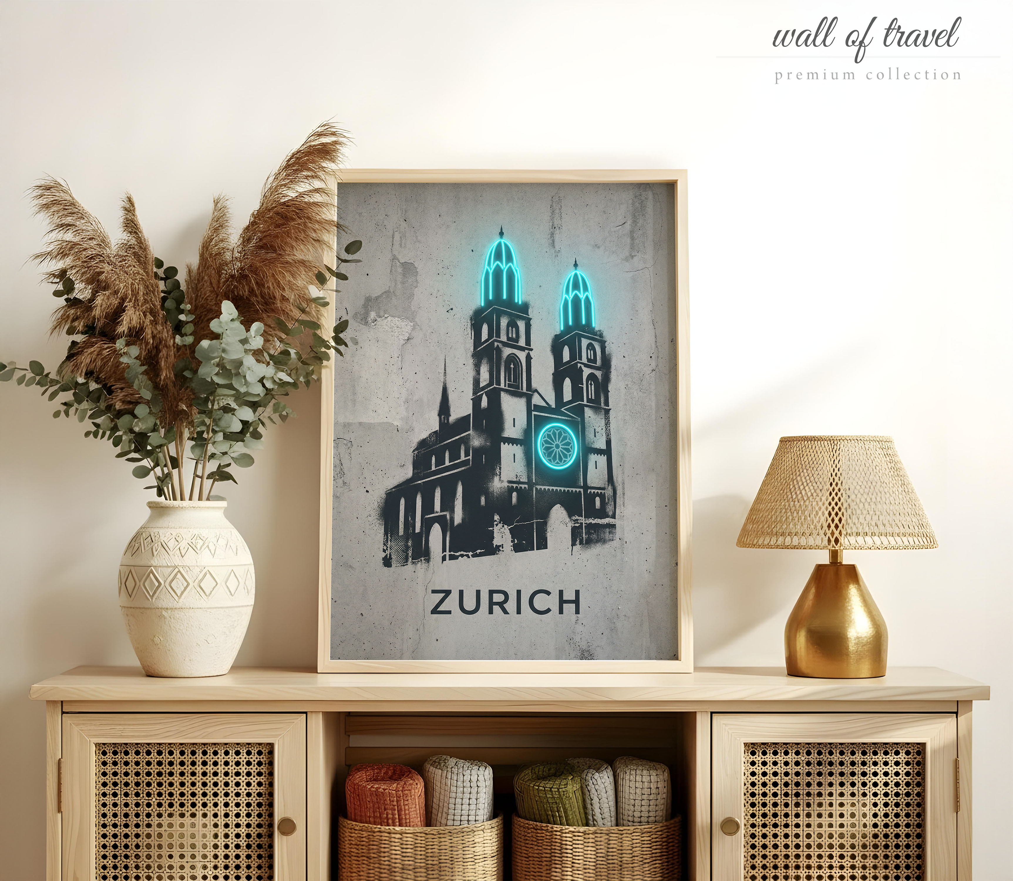Zurich Switzerland Grossmünster Church Art, Canvas or Poster, Neon Paint Splash Decor, Living Room Office Entryway Wall Art, Teal Black Grey