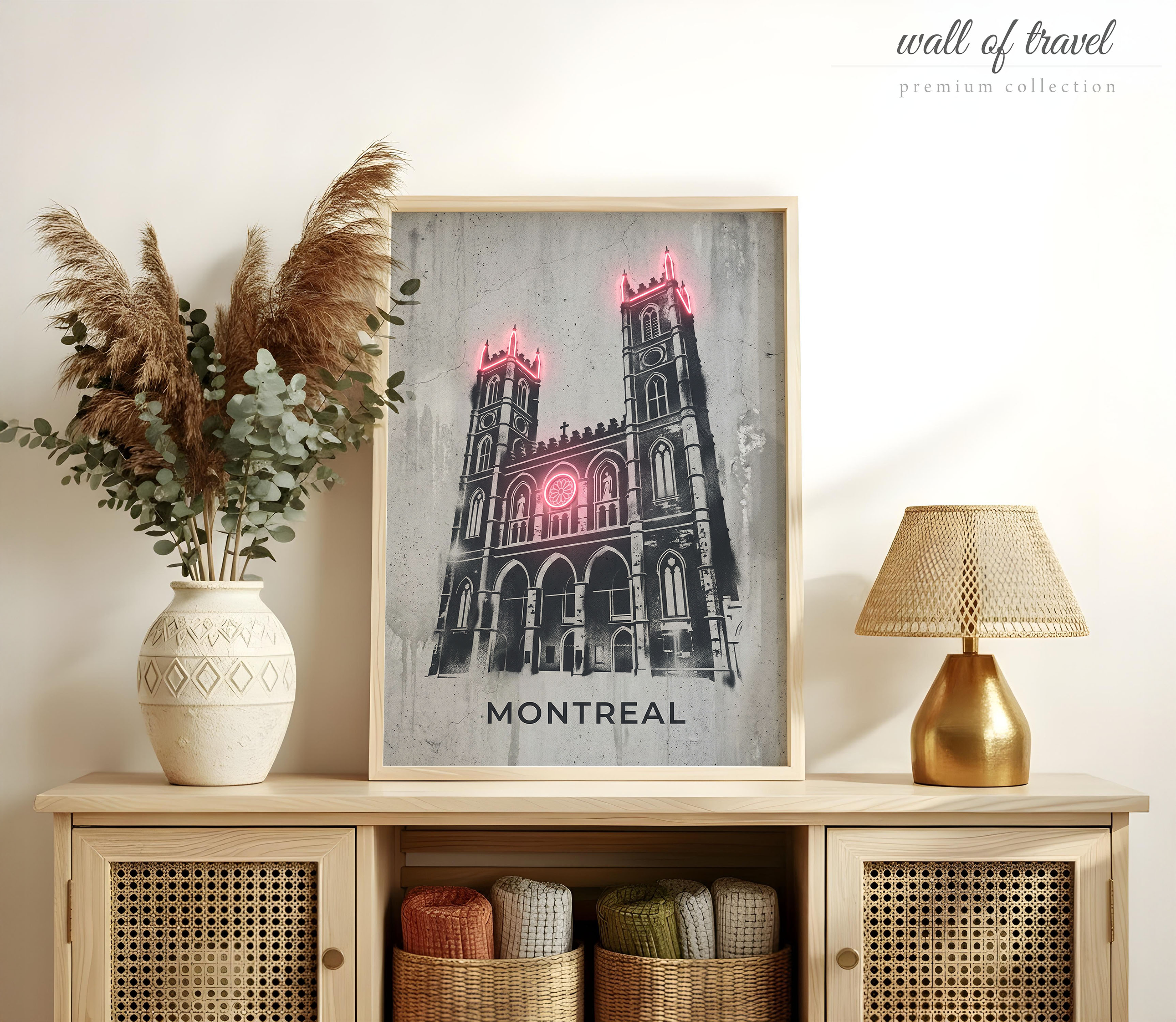 Montreal Quebec Notre-Dame Basilica Art, Canvas or Poster, Neon Paint Splash Decor, Living Room Entryway Home Bar Wall Art, Black Pink Grey