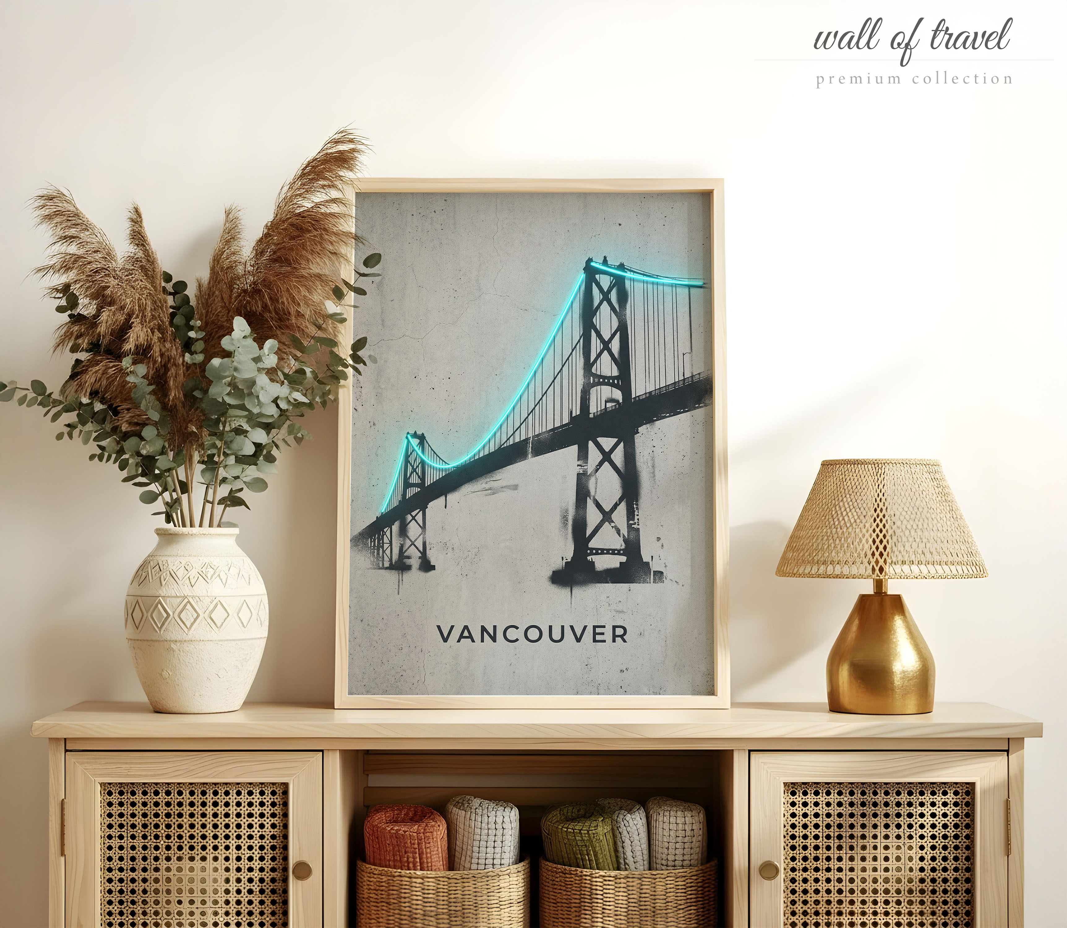 Vancouver British Columbia Lions Gate Bridge Art, Canvas or Poster, Neon Paint Splash Decor, Living Room Office Entryway Wall Art, Blue Grey