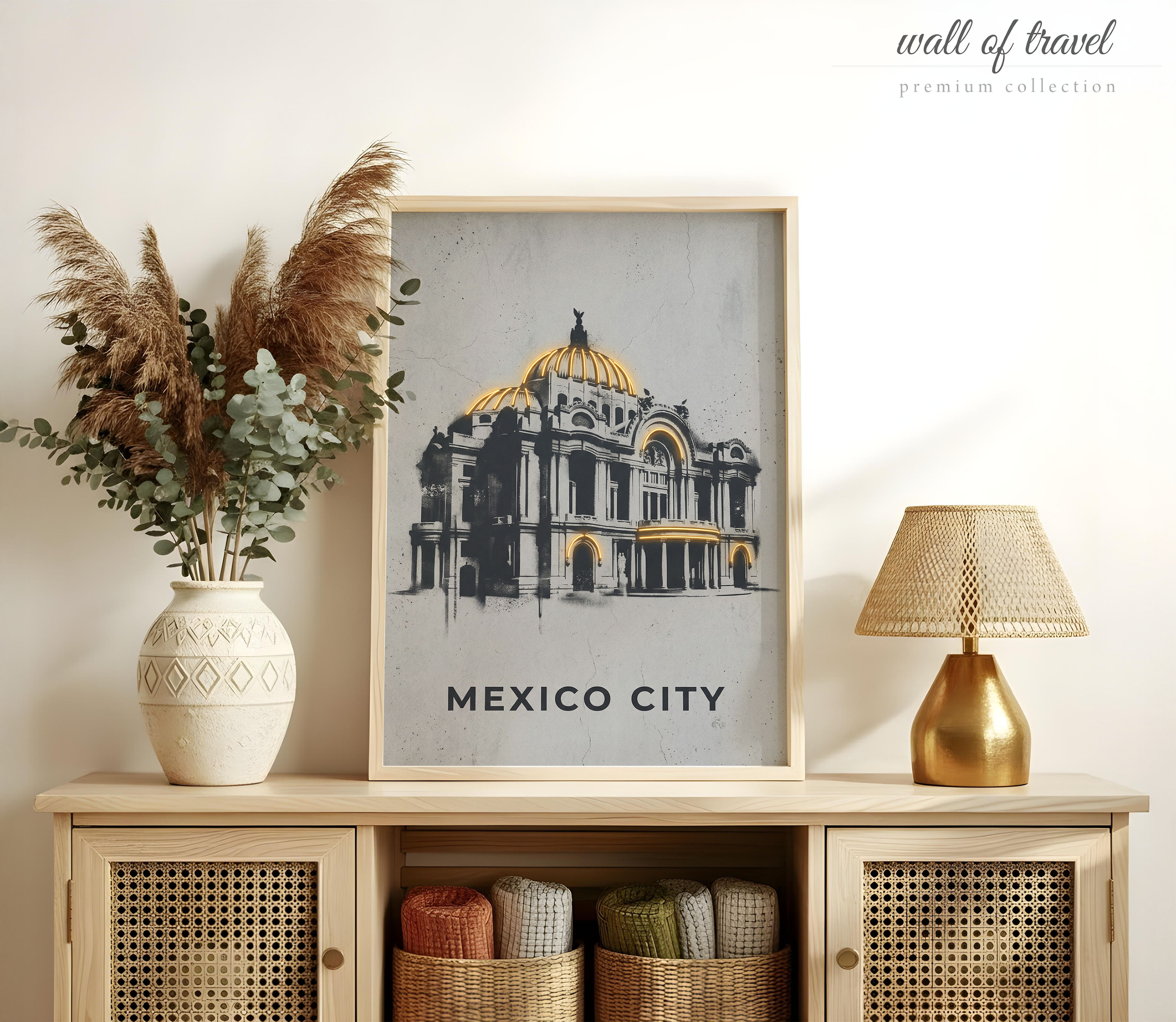 Mexico City Palacio de Bellas Artes Art, Canvas or Poster, Neon Paint Splash Decor, Living Room Entryway Office Wall Art, Gold Black Grey