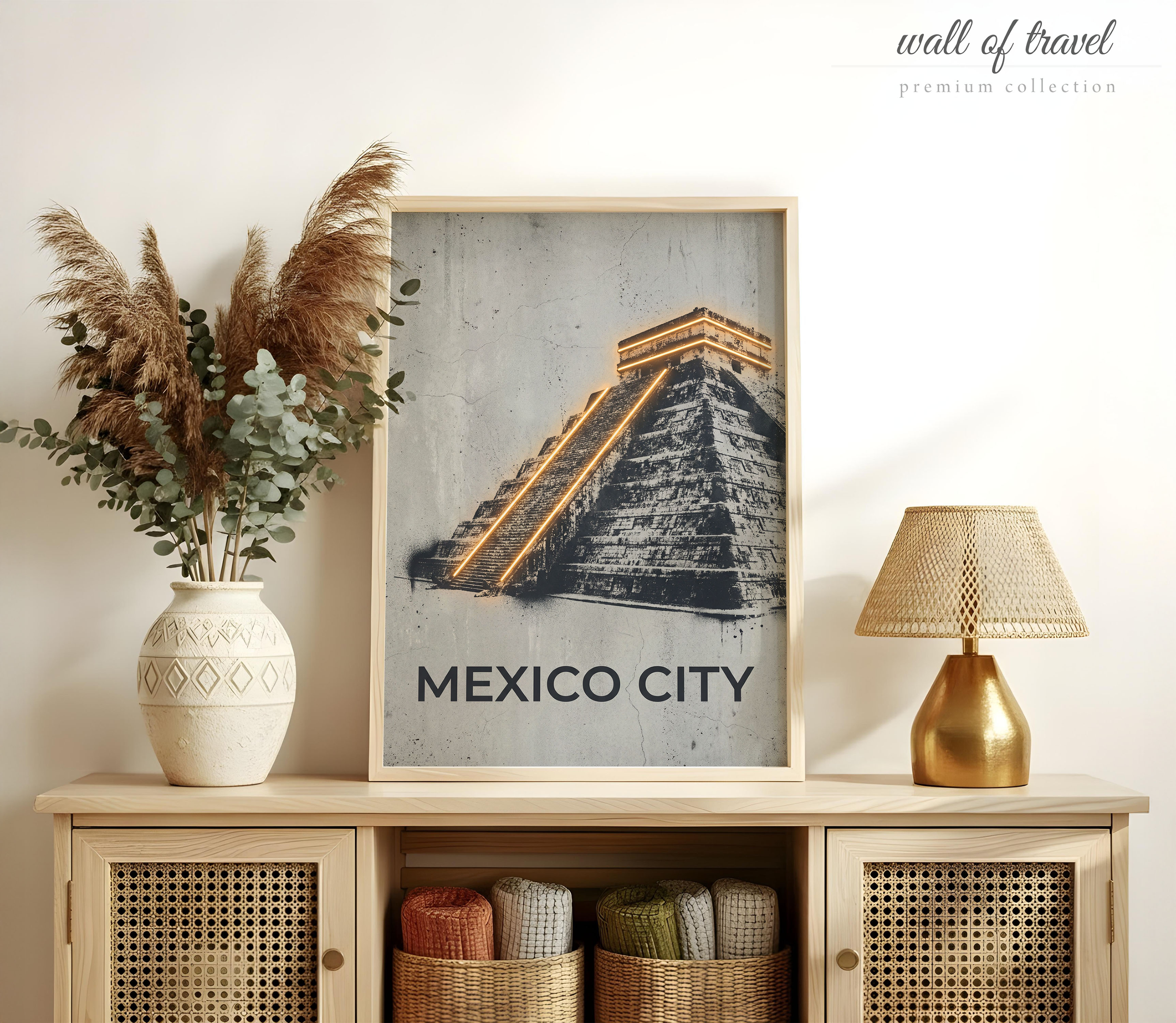 Mexico City Mexico Pyramid of Kukulcan Art, Canvas or Poster, Neon Paint Splash Decor, Living Room Office Study Wall Art, Black White Orange