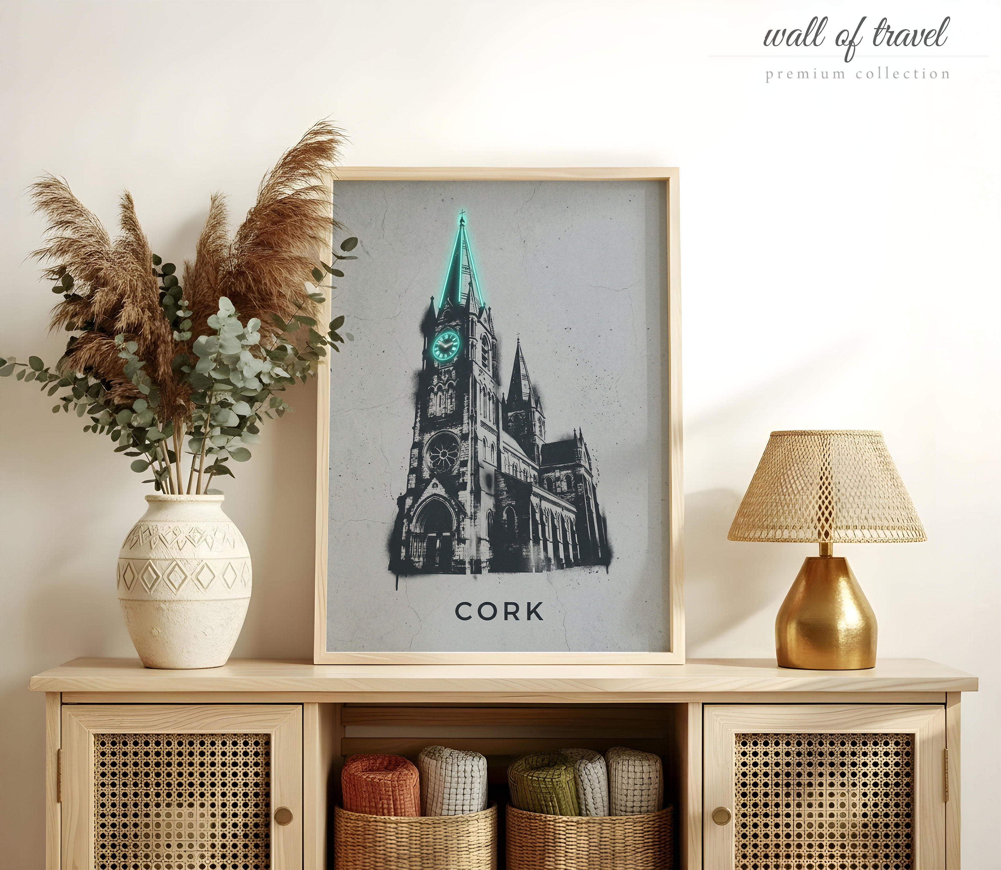 Cork Ireland St. Fin Barre's Cathedral Art, Canvas or Poster, Neon Paint Splash Decor, Living Room Office Entryway Wall Art, Teal Black Grey