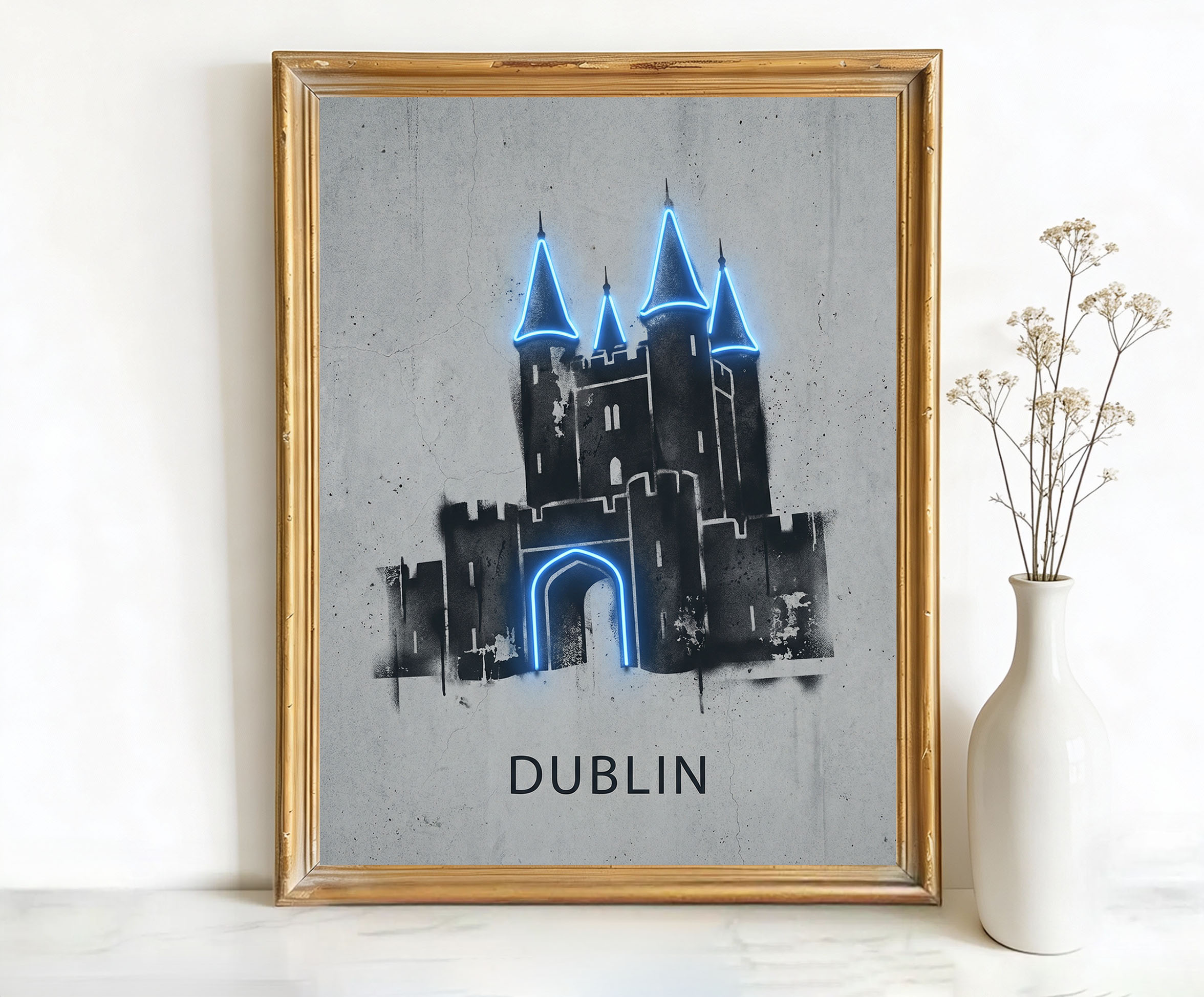 Dublin Ireland Castle Art, Canvas or Poster, Neon Paint Splash Decor, Living Room Entryway Home Bar Vacation Home Wall Art, Blue Grey White