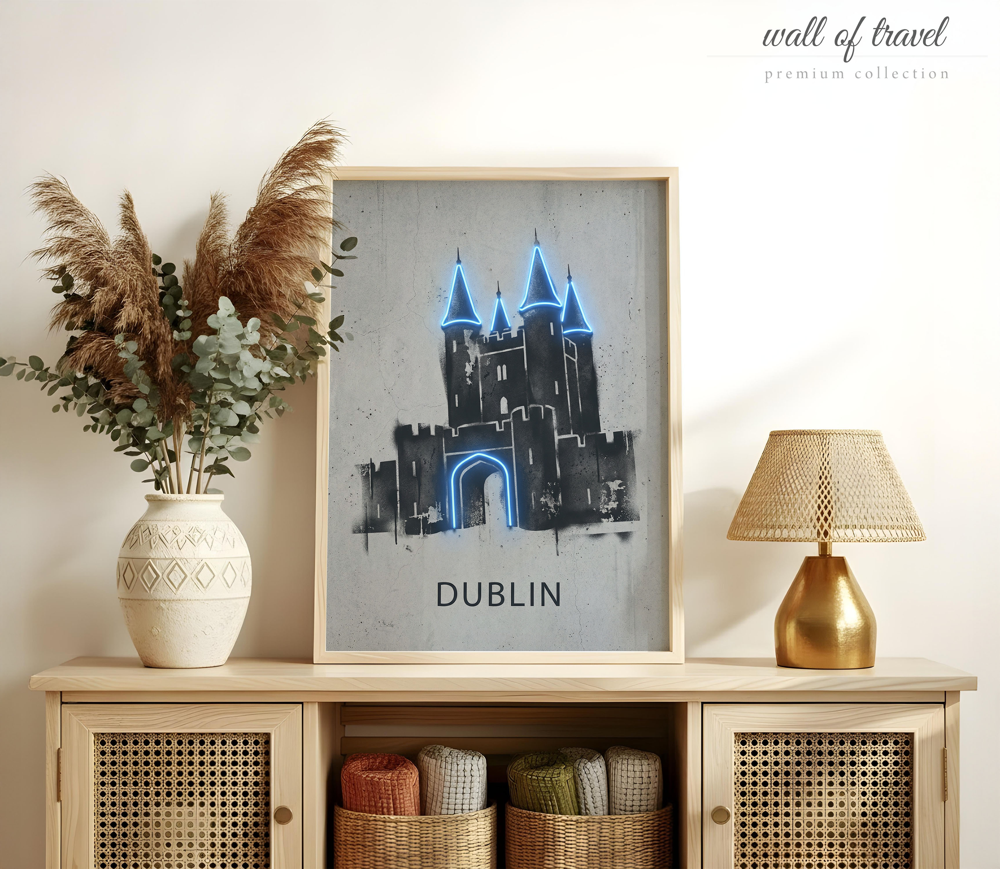 Dublin Ireland Castle Art, Canvas or Poster, Neon Paint Splash Decor, Living Room Entryway Home Bar Vacation Home Wall Art, Blue Grey White
