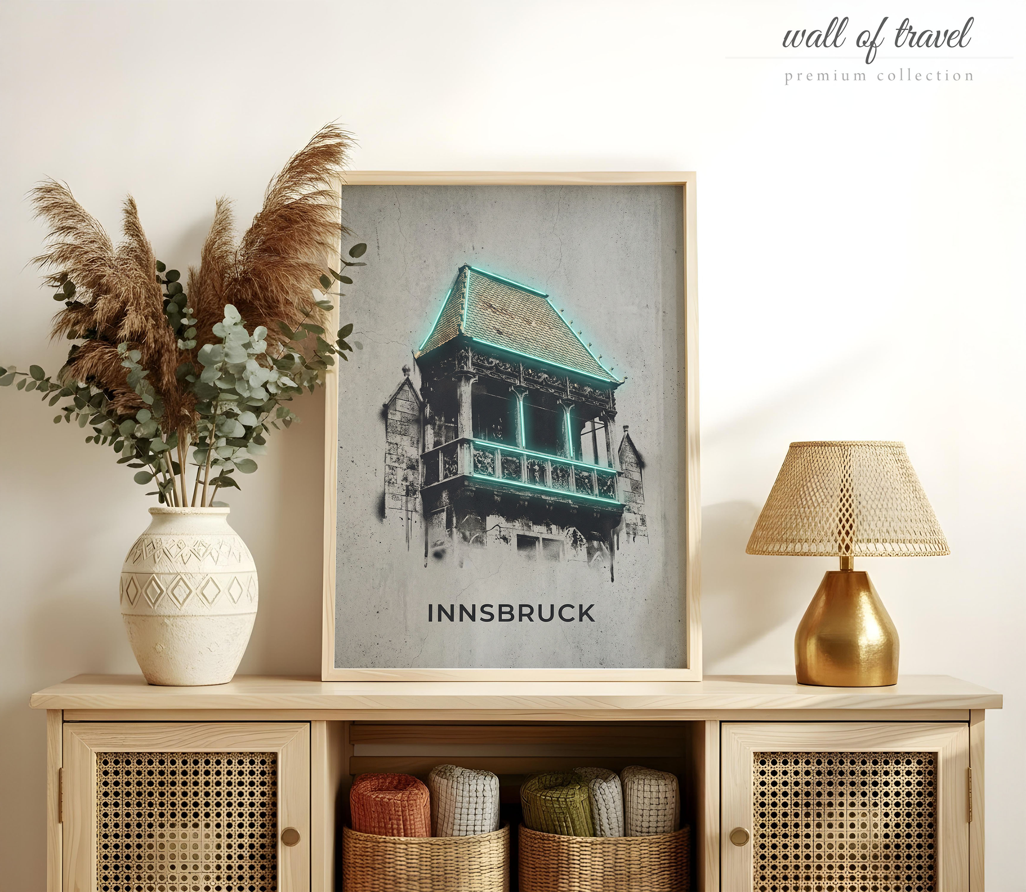 Innsbruck Austria Golden Roof Art, Canvas or Poster, Neon Paint Splash Decor, Living Room Office Entryway Wall Art, Teal Black Grey White