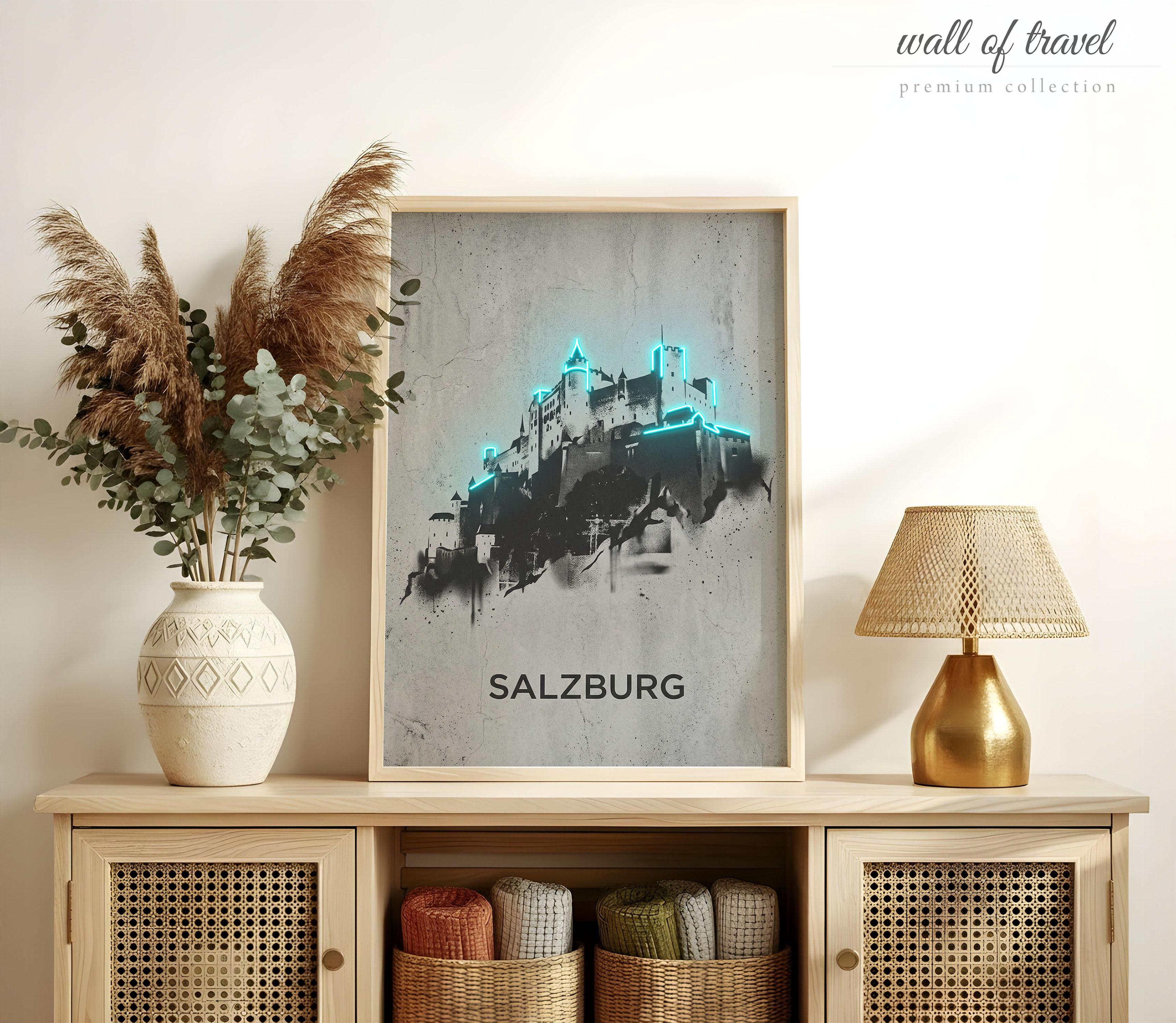 Salzburg Austria Hohensalzburg Fortress Art, Canvas or Poster, Neon Paint Splash Decor, Living Room Office Entryway Wall Art, Teal Grey