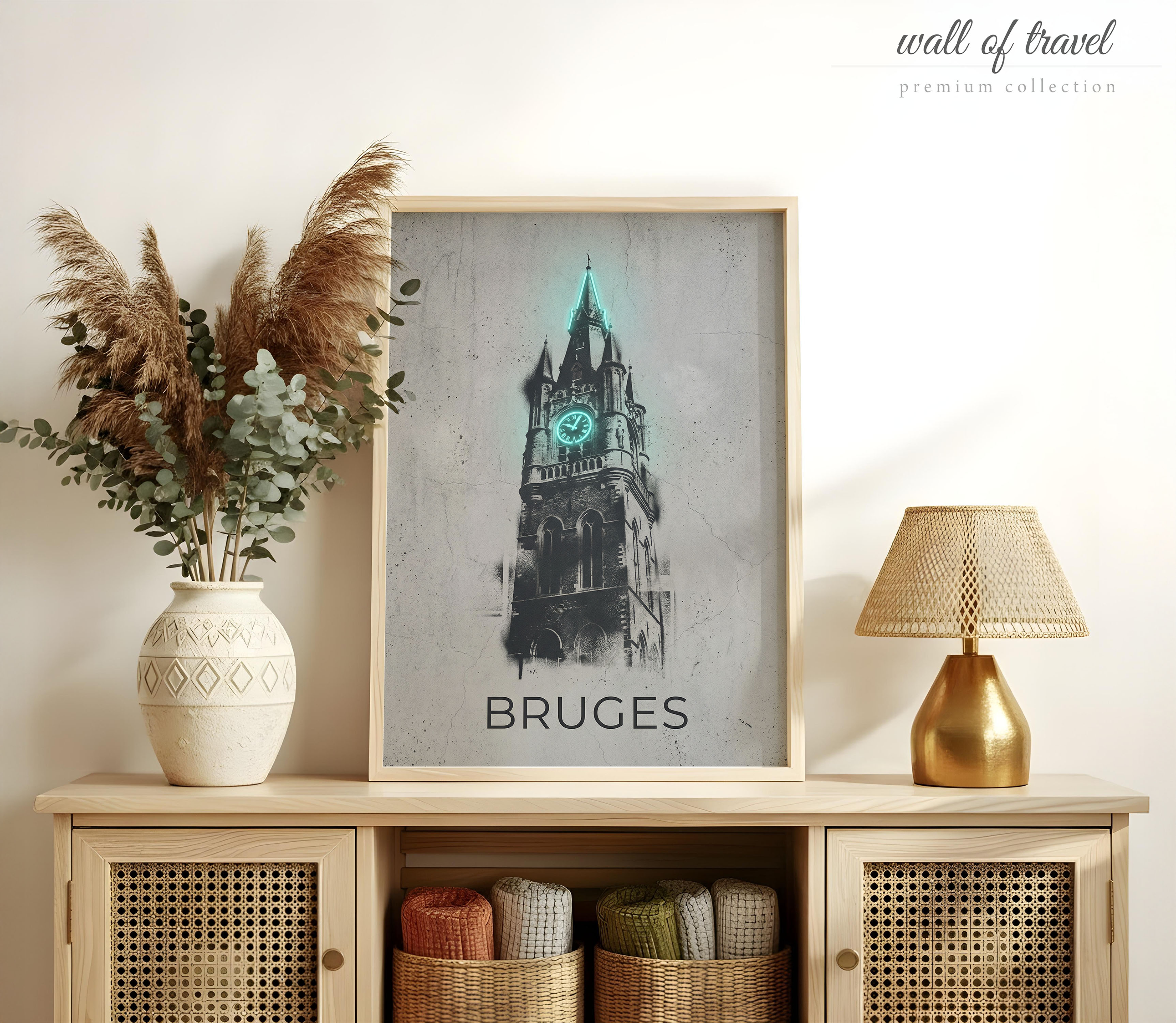 Bruges Belgium Belfry Art, Canvas or Poster, Graffiti Pop Art Decor, Living Room Office Entryway Wall Art, Black Teal Grey Black and White