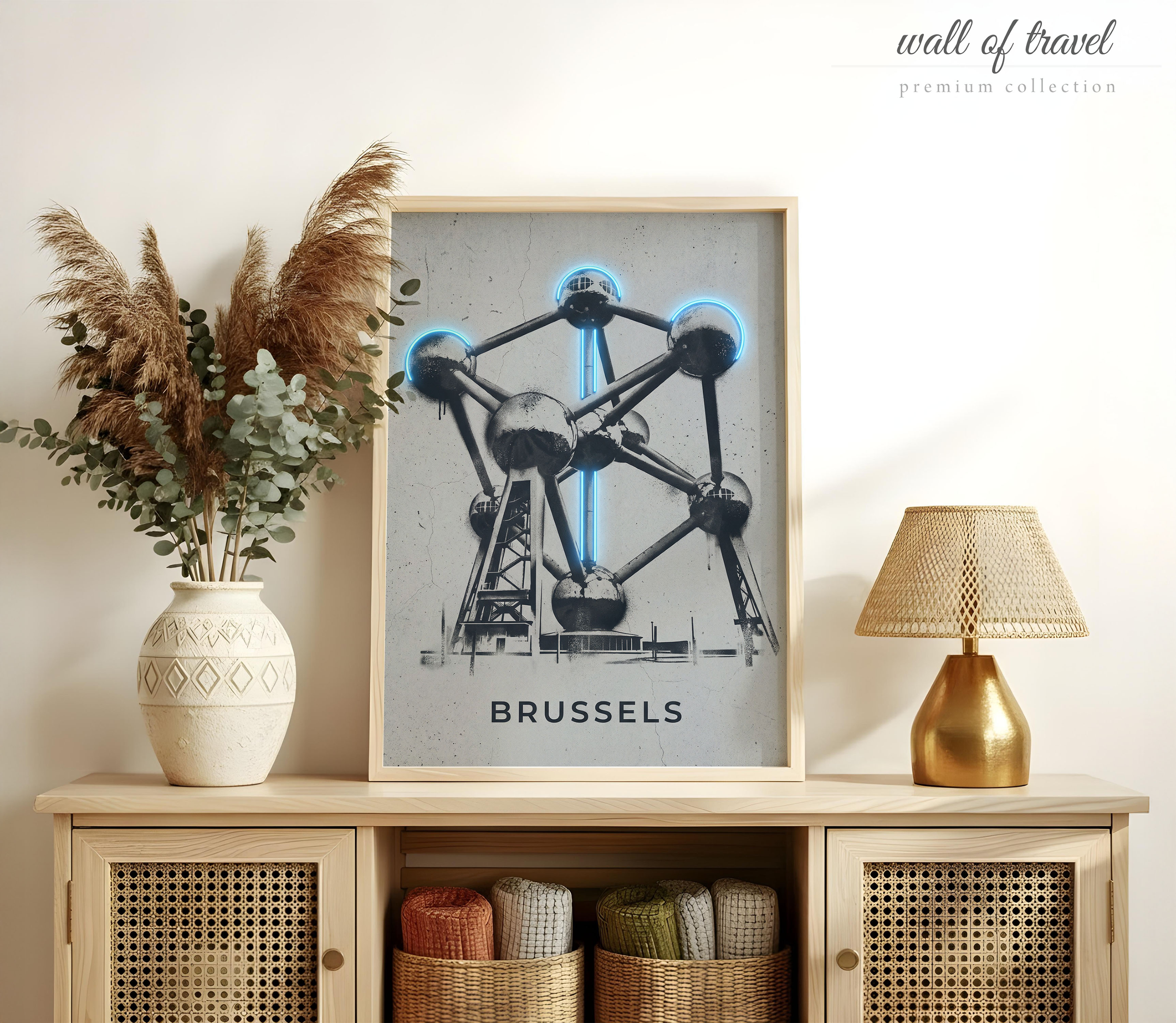 Brussels Belgium Atomium Art, Canvas or Poster, Neon Paint Splash Decor, Living Room Office Study Vacation Home Wall Art, Blue Grey White