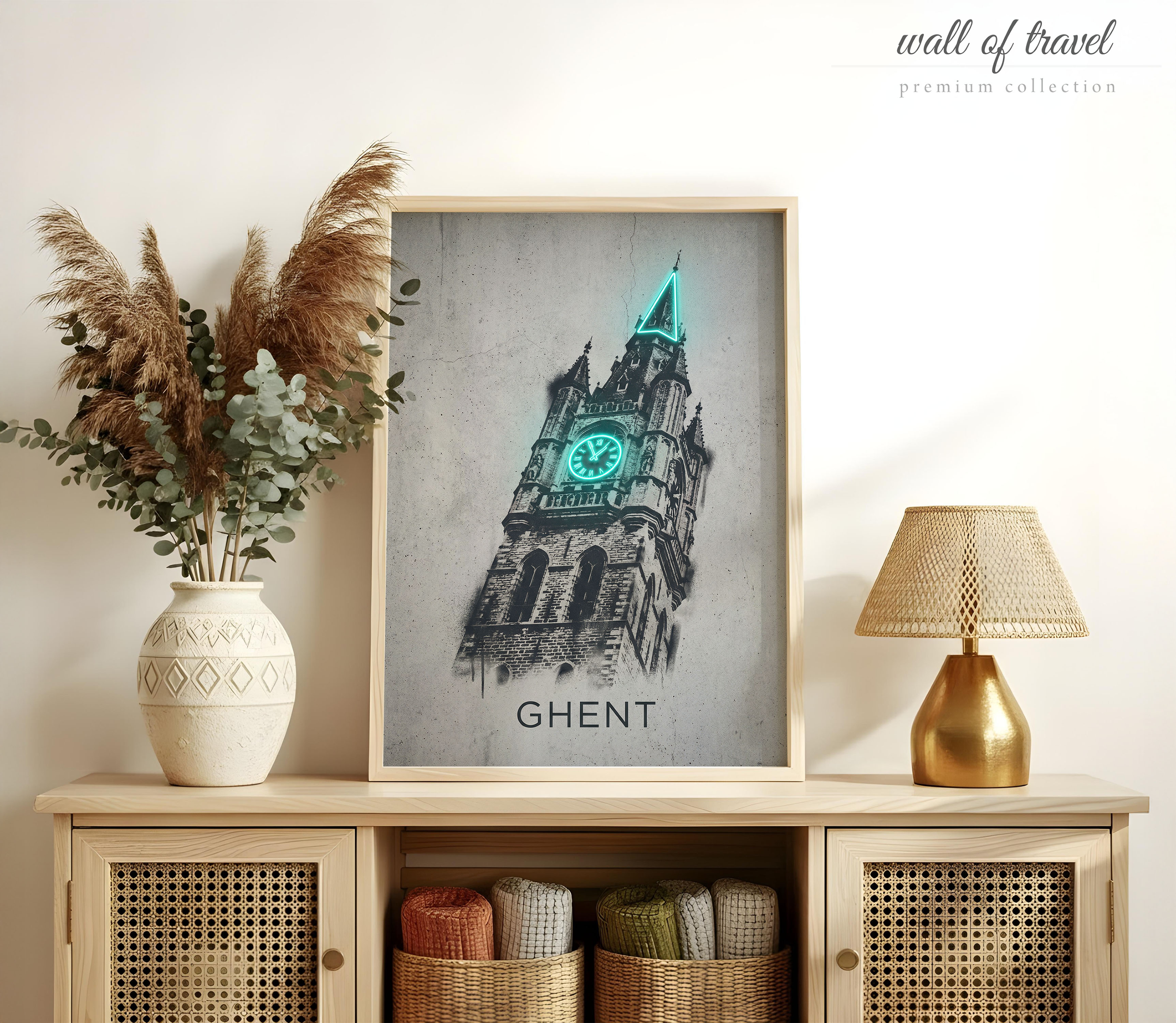 Ghent Belgium Belfry of Art, Canvas or Poster, Neon Paint Splash Decor, Living Room Bedroom Office Entryway Wall Art, Teal Black Grey White