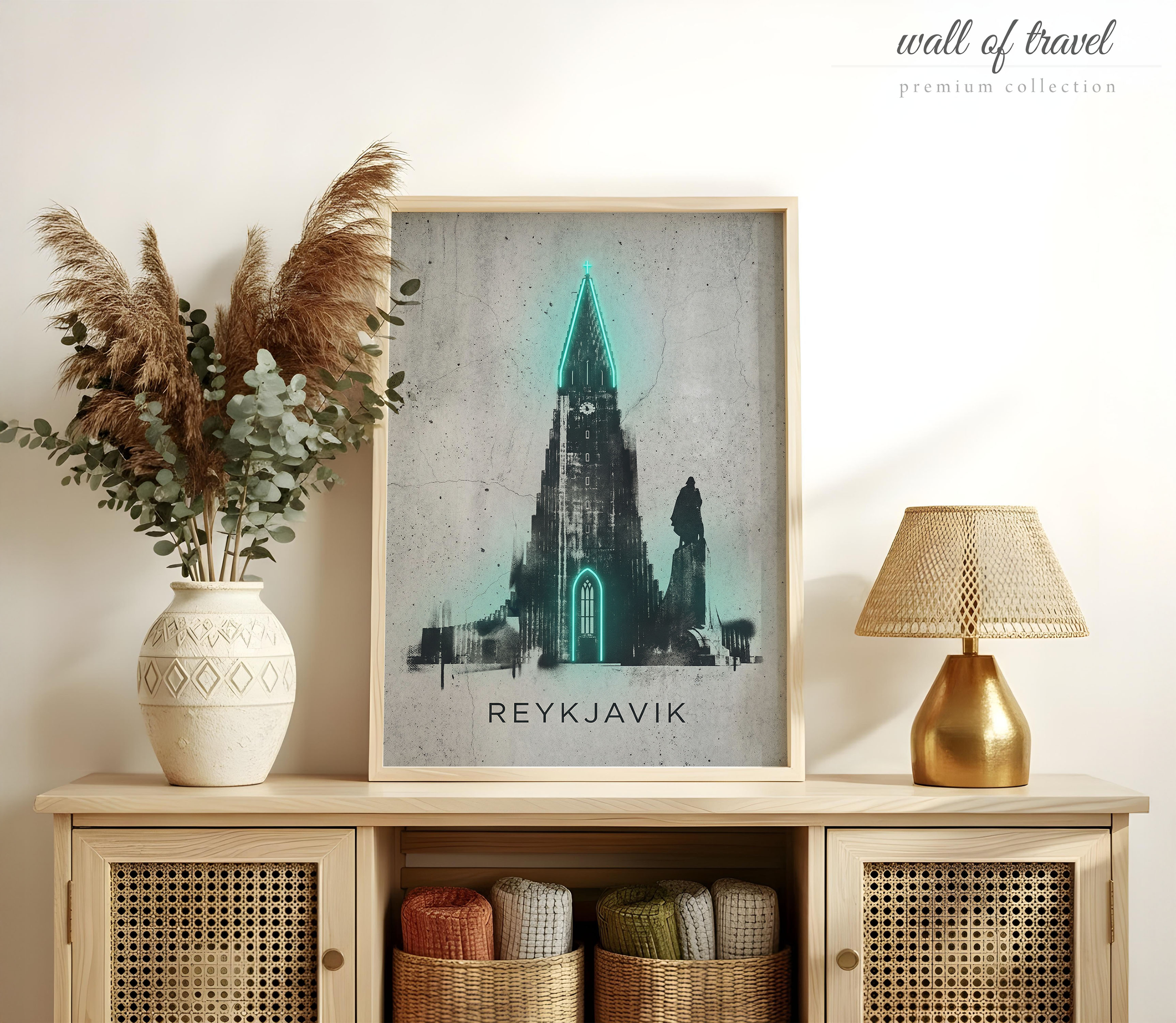 Reykjavik Iceland Hallgrímskirkja Church Art, Canvas or Poster, Neon Paint Splash Decor, Living Room Office Entryway Wall Art, Grey Teal