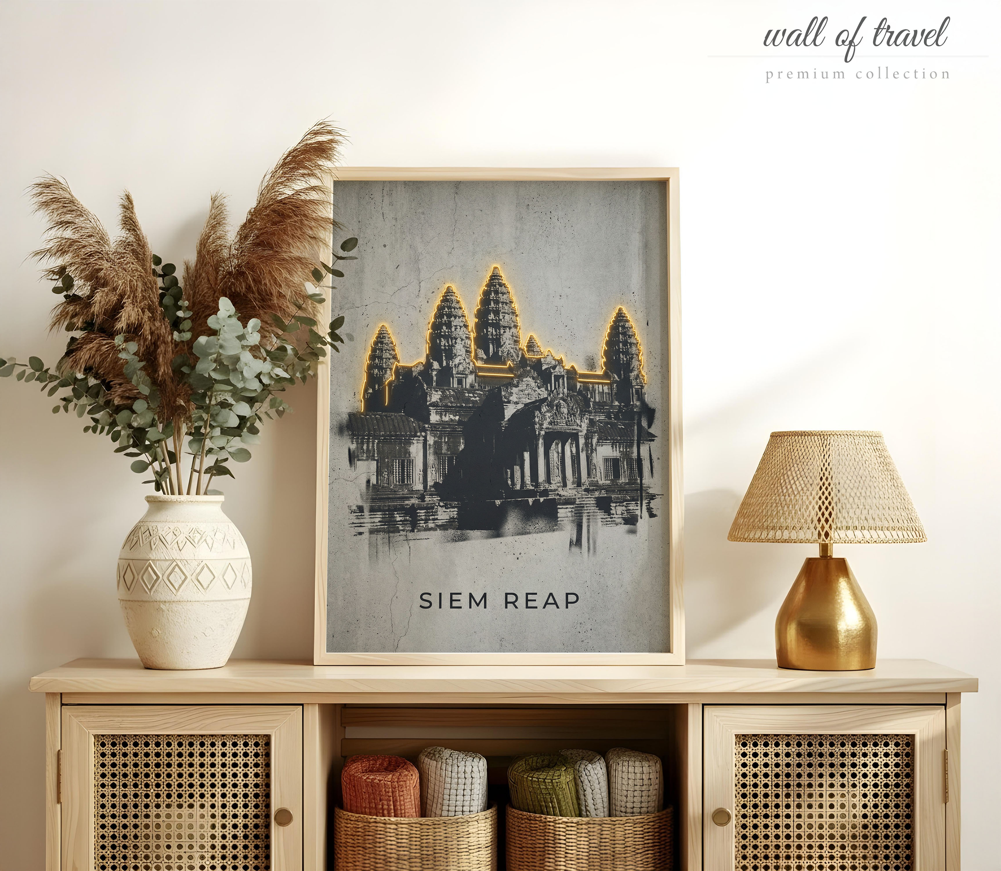 Siem Reap Cambodia Angkor Wat Art, Canvas or Poster, Graffiti Pop Art Decor, Living Room Entryway Vacation Home Wall Art, Gold Black Grey