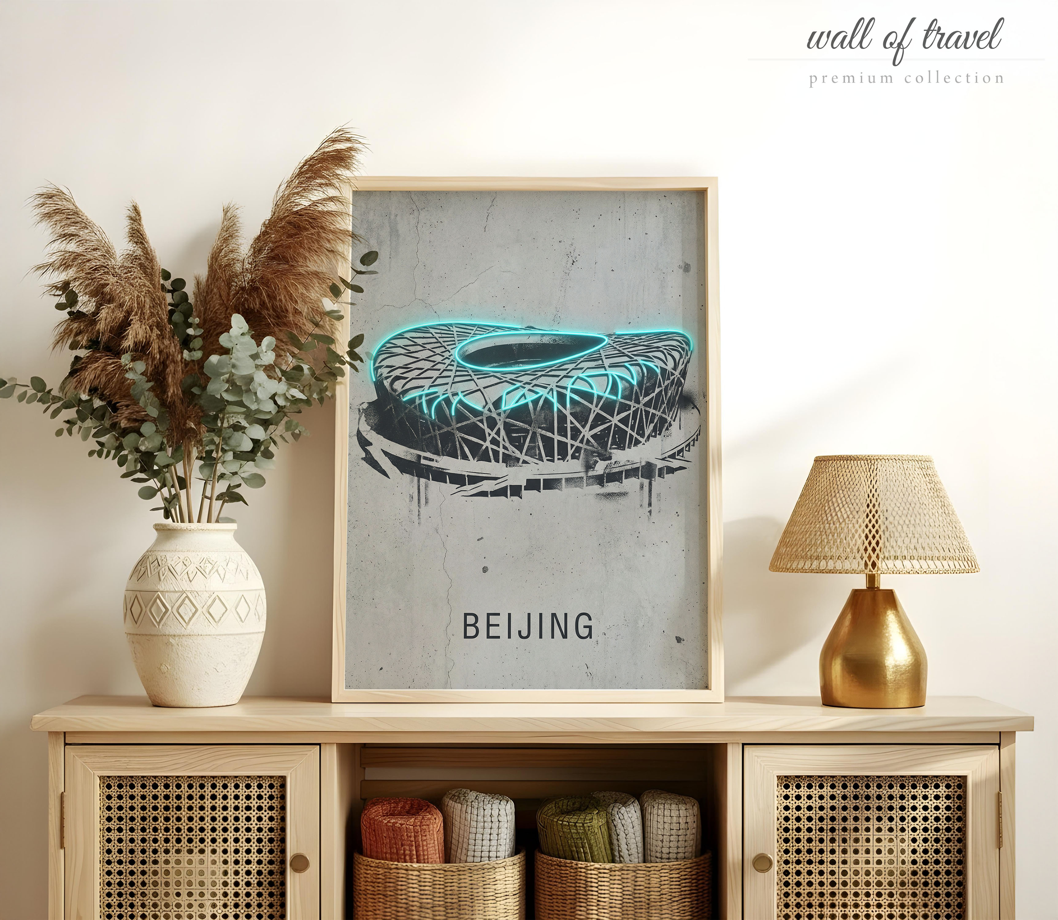 Beijing China National Stadium Art, Canvas or Poster, Neon Paint Splash Decor, Living Room Office Entryway Wall Art, Teal Black White Grey