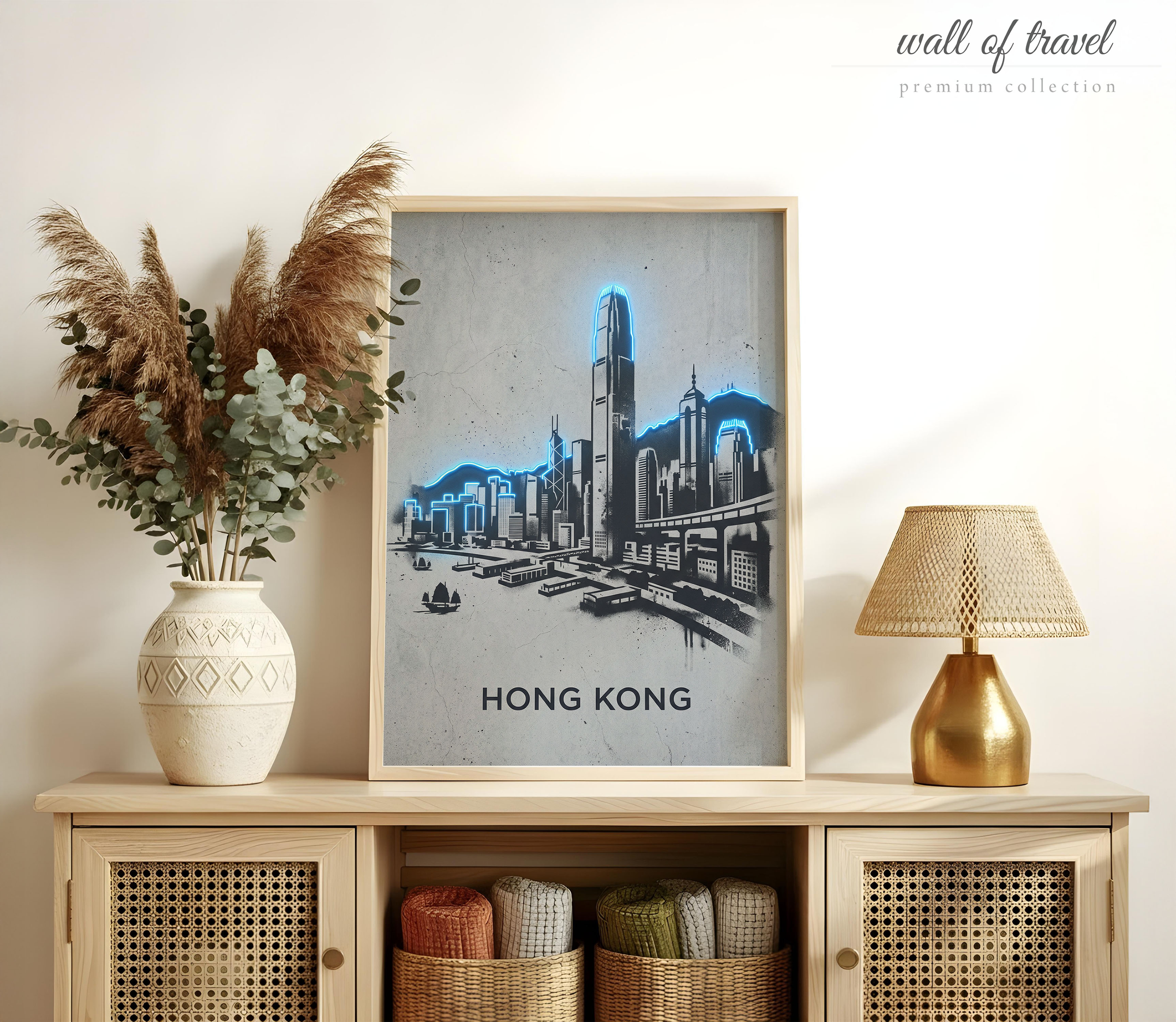 Hong Kong Skyline Art, Canvas or Poster, Neon Paint Splash Decor, Living Room Entryway Office Vacation Home Wall Art, Blue Black Grey White