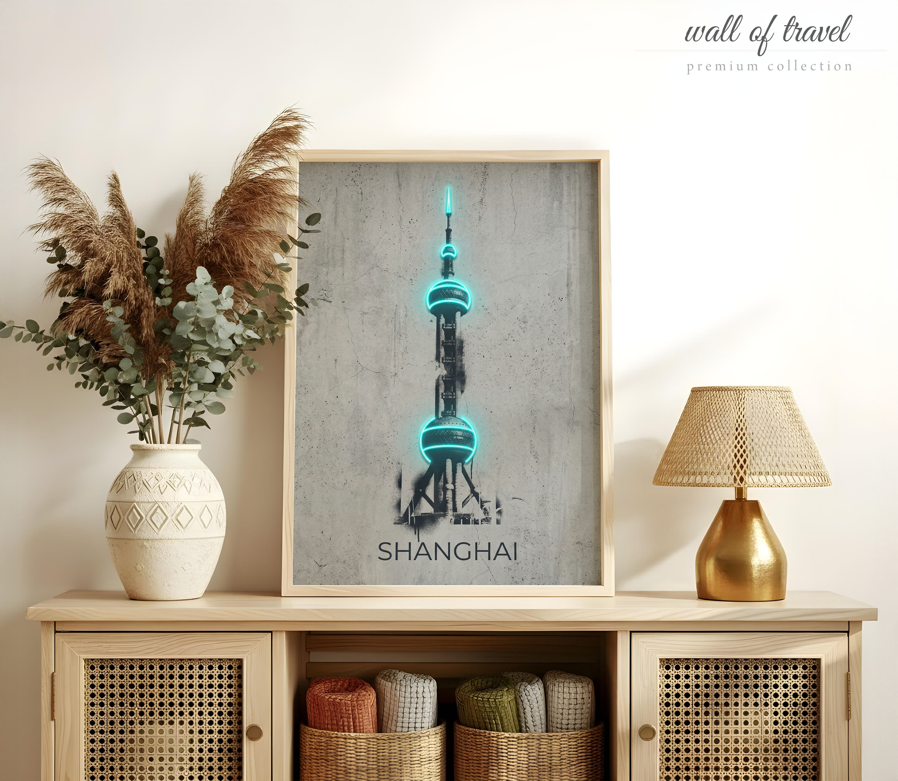 Shanghai China Oriental Pearl Tower Art, Canvas or Poster, Neon Paint Splash Decor, Living Room Office Entryway Wall Art, Teal Blue Black
