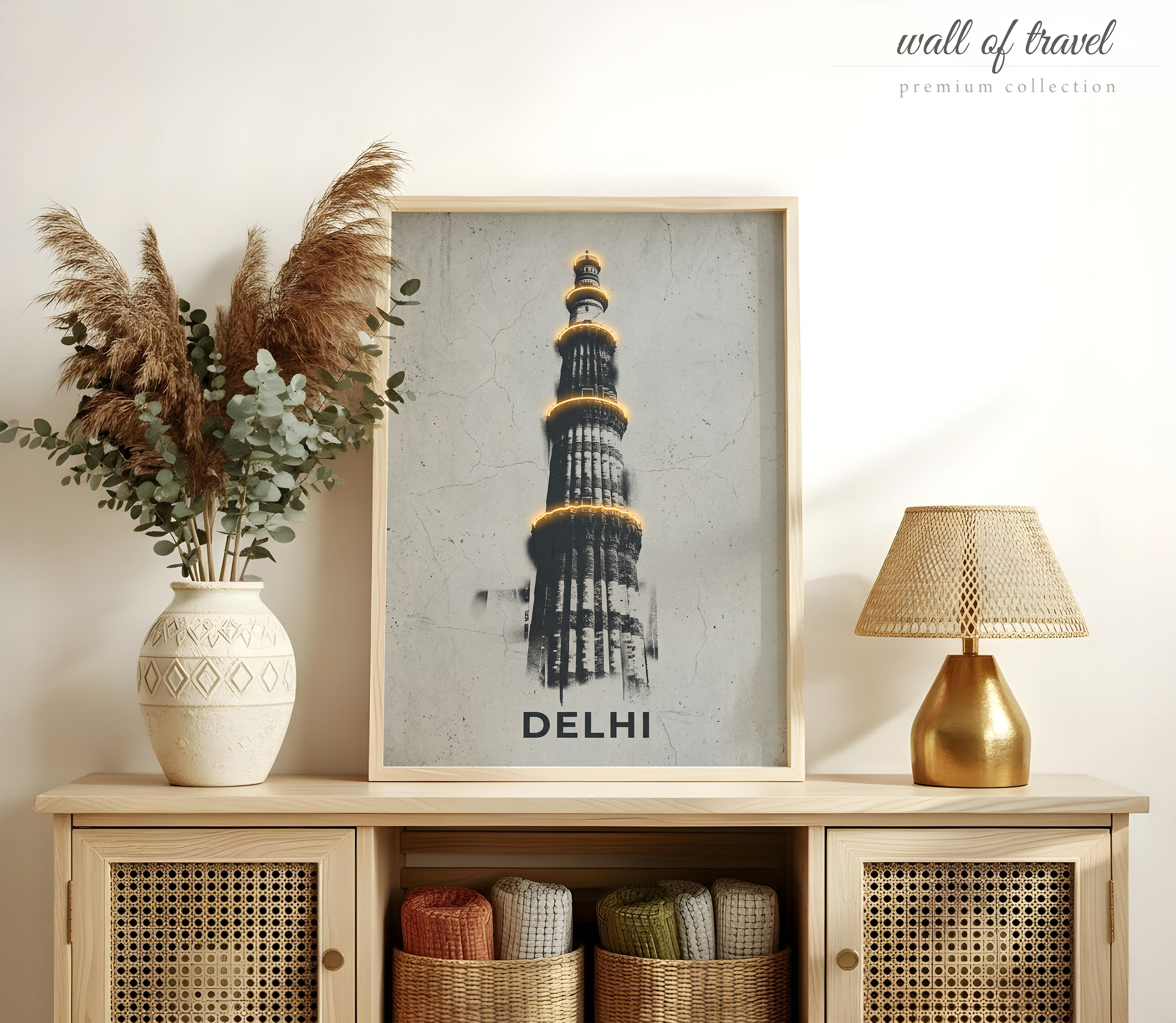 Delhi India Qutub Minar Art, Canvas or Poster, Vintage Screen Print Decor, Living Room Office Entryway Wall Art, Black Gold Grey