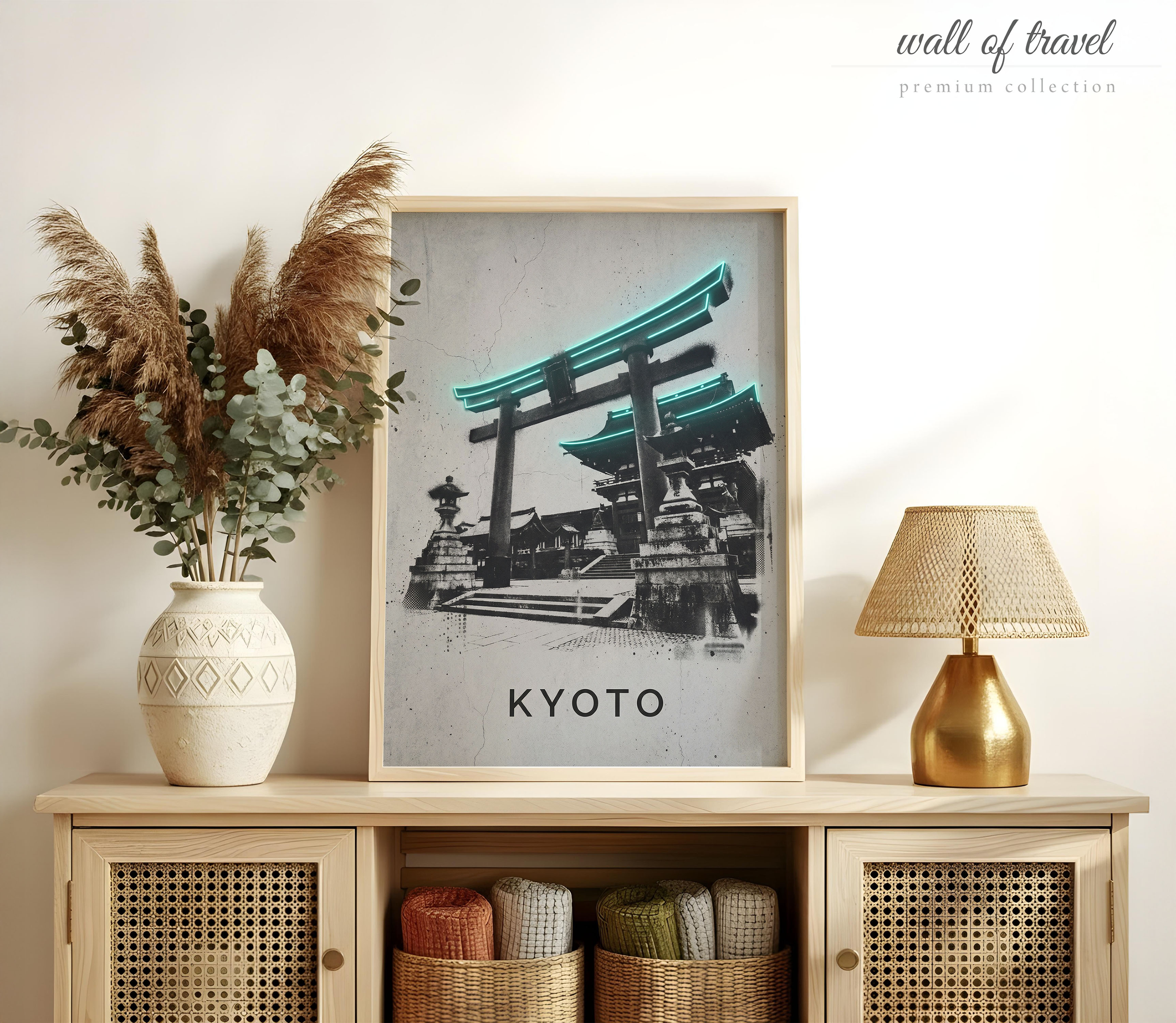 Kyoto Japan Traditional Japanese Shrine Gate Art, Canvas or Poster, Neon Paint Splash Decor, Living Room Office Entryway Wall Art, Teal