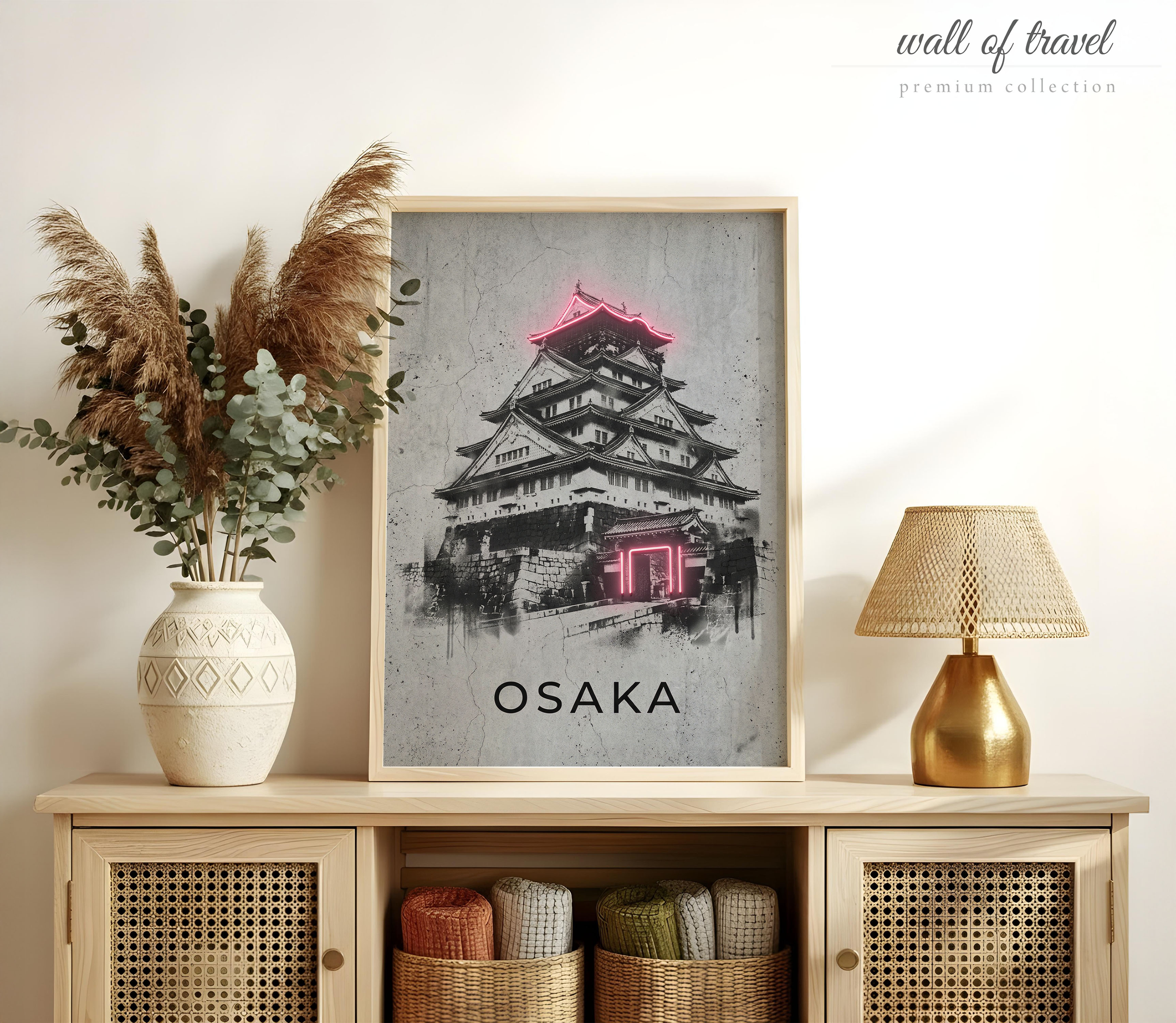 Osaka Japan Castle Art, Canvas or Poster, Graffiti Pop Art Decor, Living Room Entryway Office Vacation Home Wall Art, Black White Pink Grey