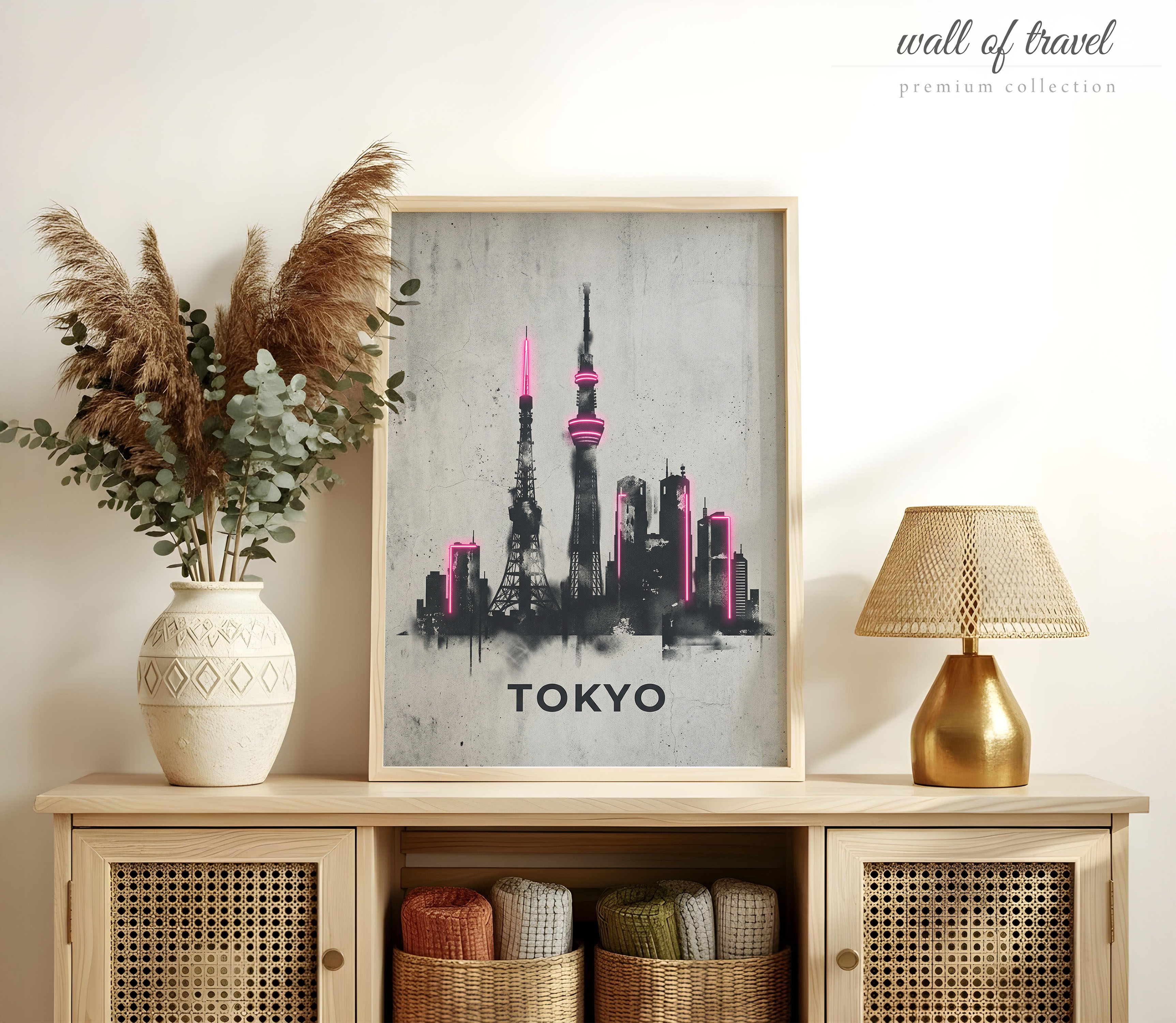 Tokyo Japan Skytree Art, Canvas or Poster, Neon Paint Splash Decor, Living Room Entryway Office Vacation Home Wall Art, Grey Pink White