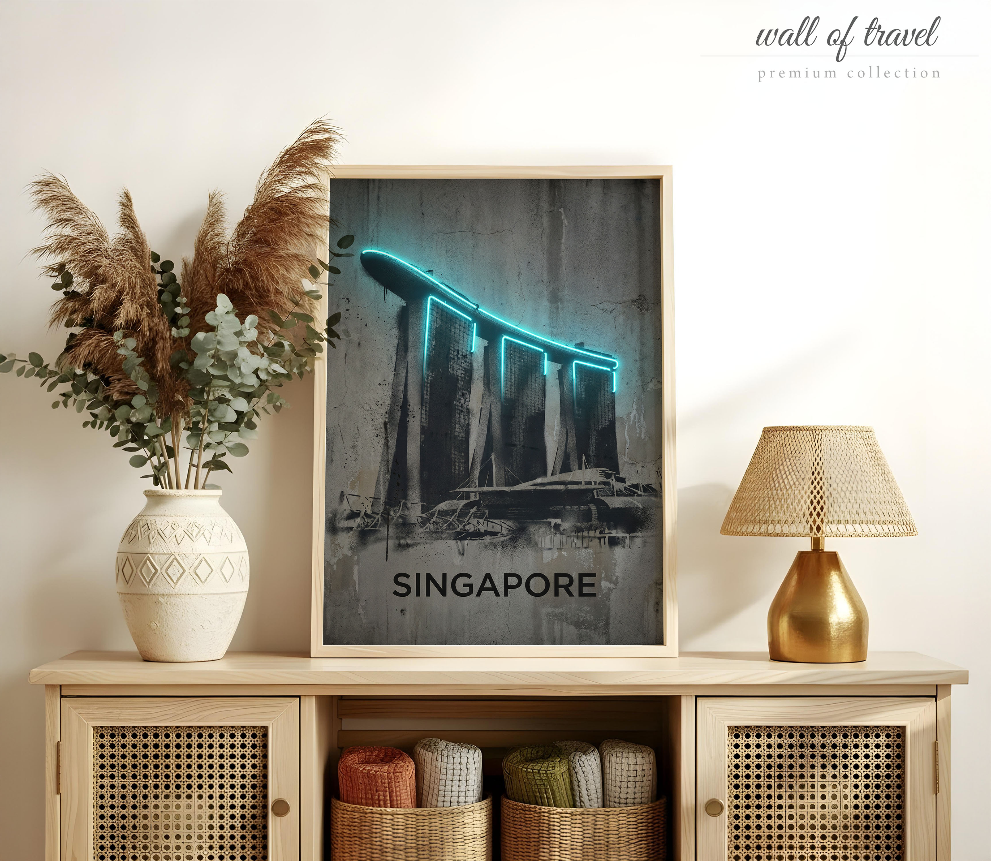 Singapore Singapore Marina Bay Sands Art, Canvas or Poster, Neon Paint Splash Decor, Living Room Office Home Bar Wall Art, Teal Grey Black