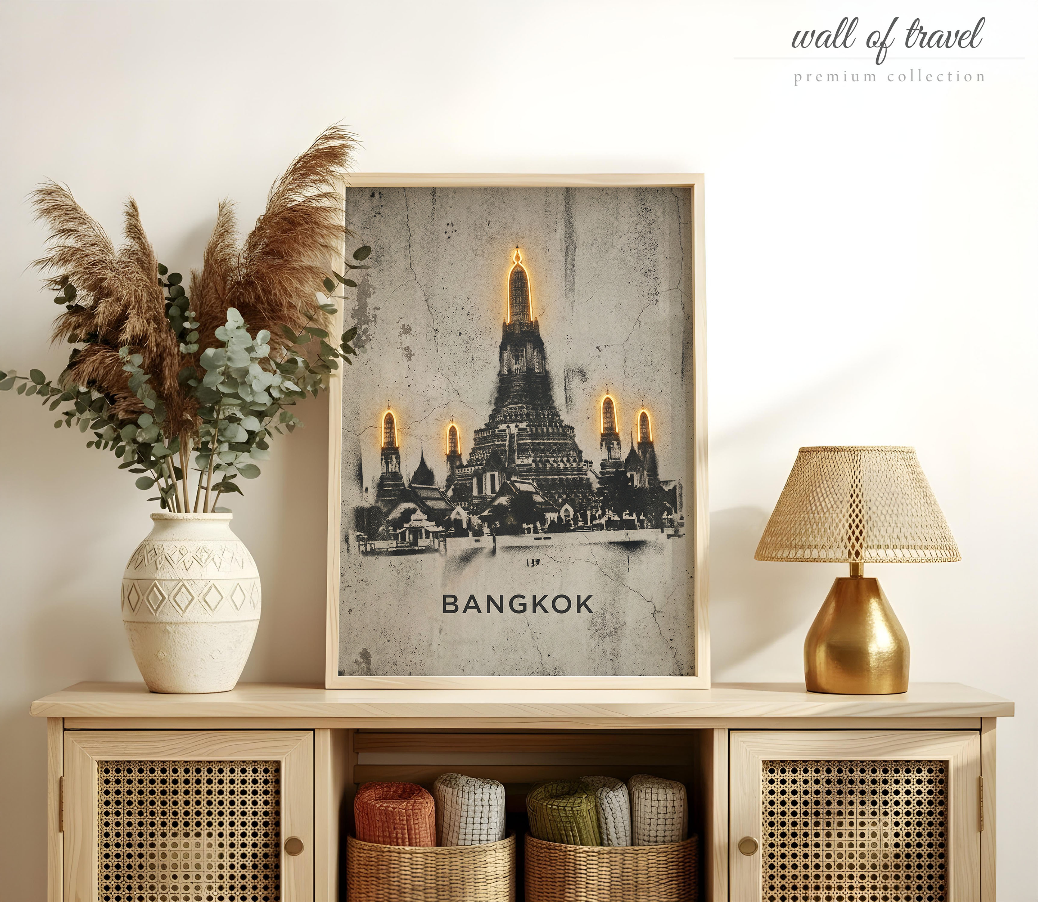 Bangkok Thailand Wat Arun Art, Canvas or Poster, Graffiti Pop Art Decor, Living Room Entryway Home Bar Cafe Wall Art, Black White Gold Grey
