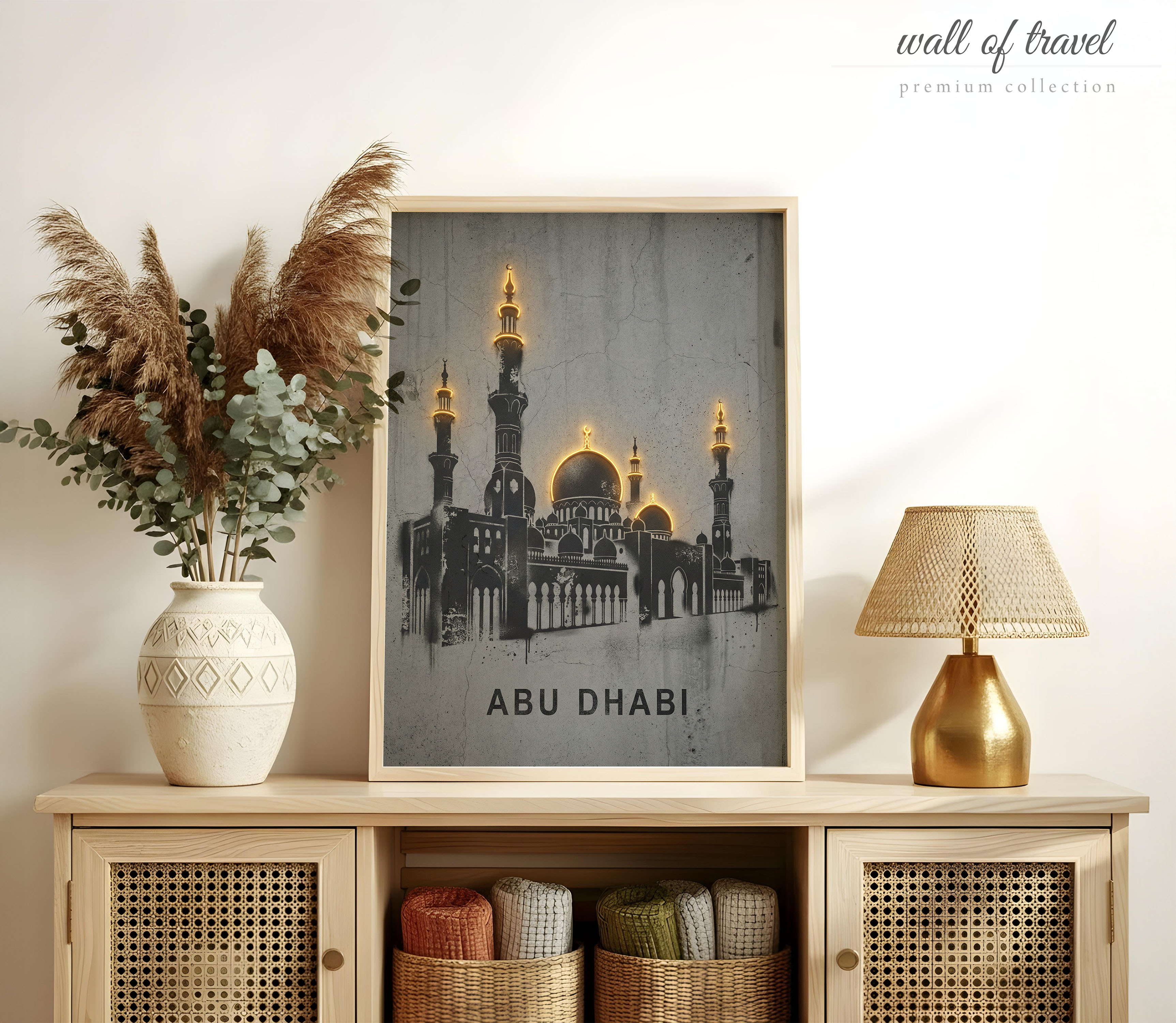 Abu Dhabi United Arab Emirates Sheikh Zayed Grand Mosque Art, Canvas or Poster, Graffiti Pop Art Decor, Entryway Office Wall Art, Gold Grey