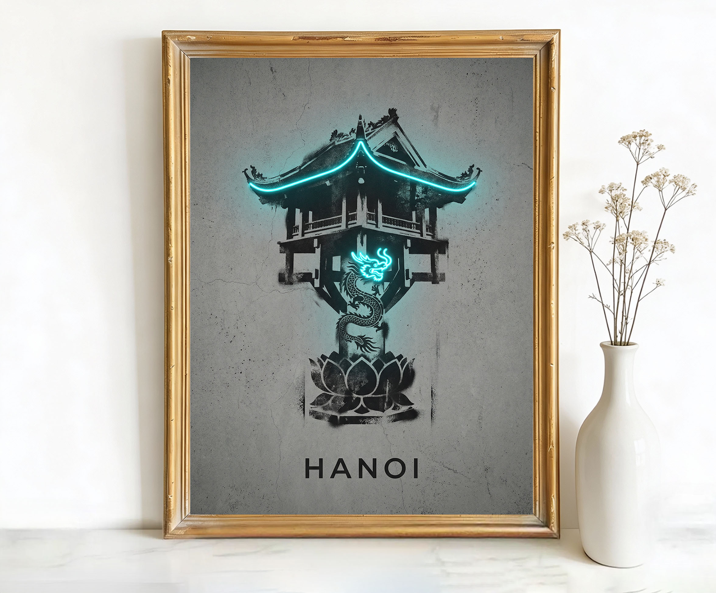 Hanoi Vietnam One Pillar Pagoda Art, Canvas or Poster, Neon Paint Splash Decor, Living Room Office Entryway Wall Art, Turquoise Black White
