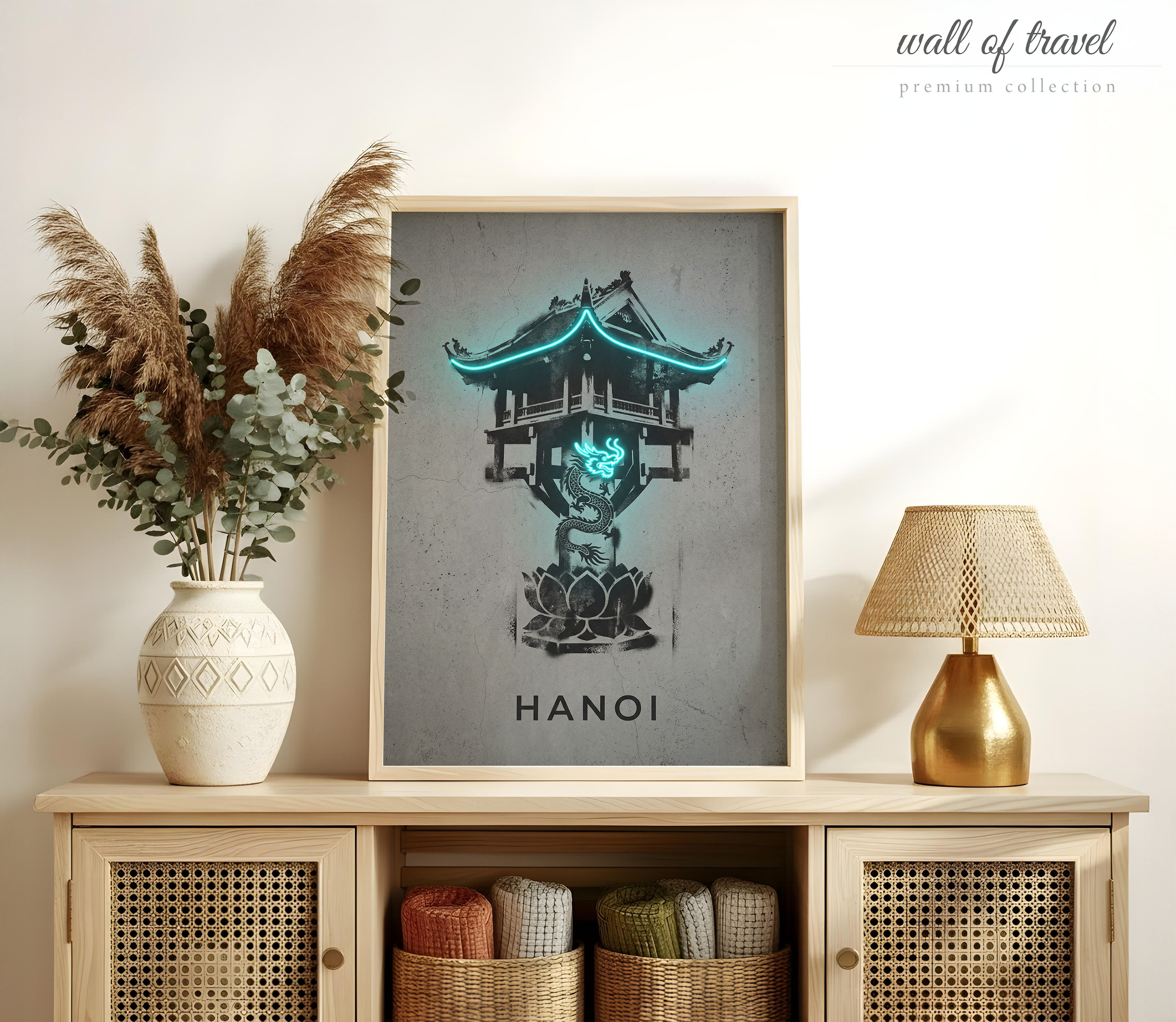 Hanoi Vietnam One Pillar Pagoda Art, Canvas or Poster, Neon Paint Splash Decor, Living Room Office Entryway Wall Art, Turquoise Black White