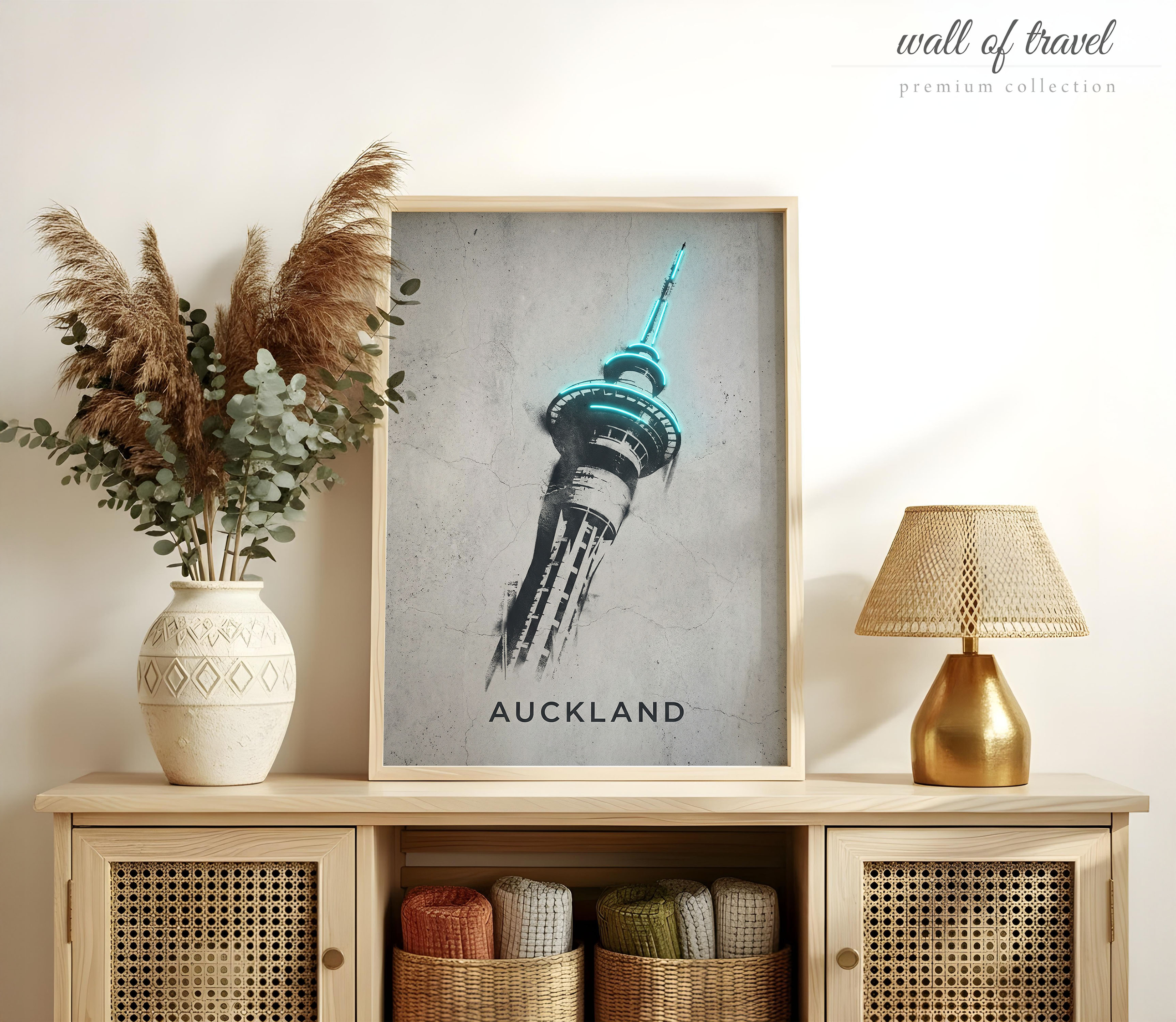 Auckland New Zealand Sky Tower Art, Canvas or Poster, Neon Paint Splash Decor, Living Room Office Entryway Wall Art, Teal Black Grey White