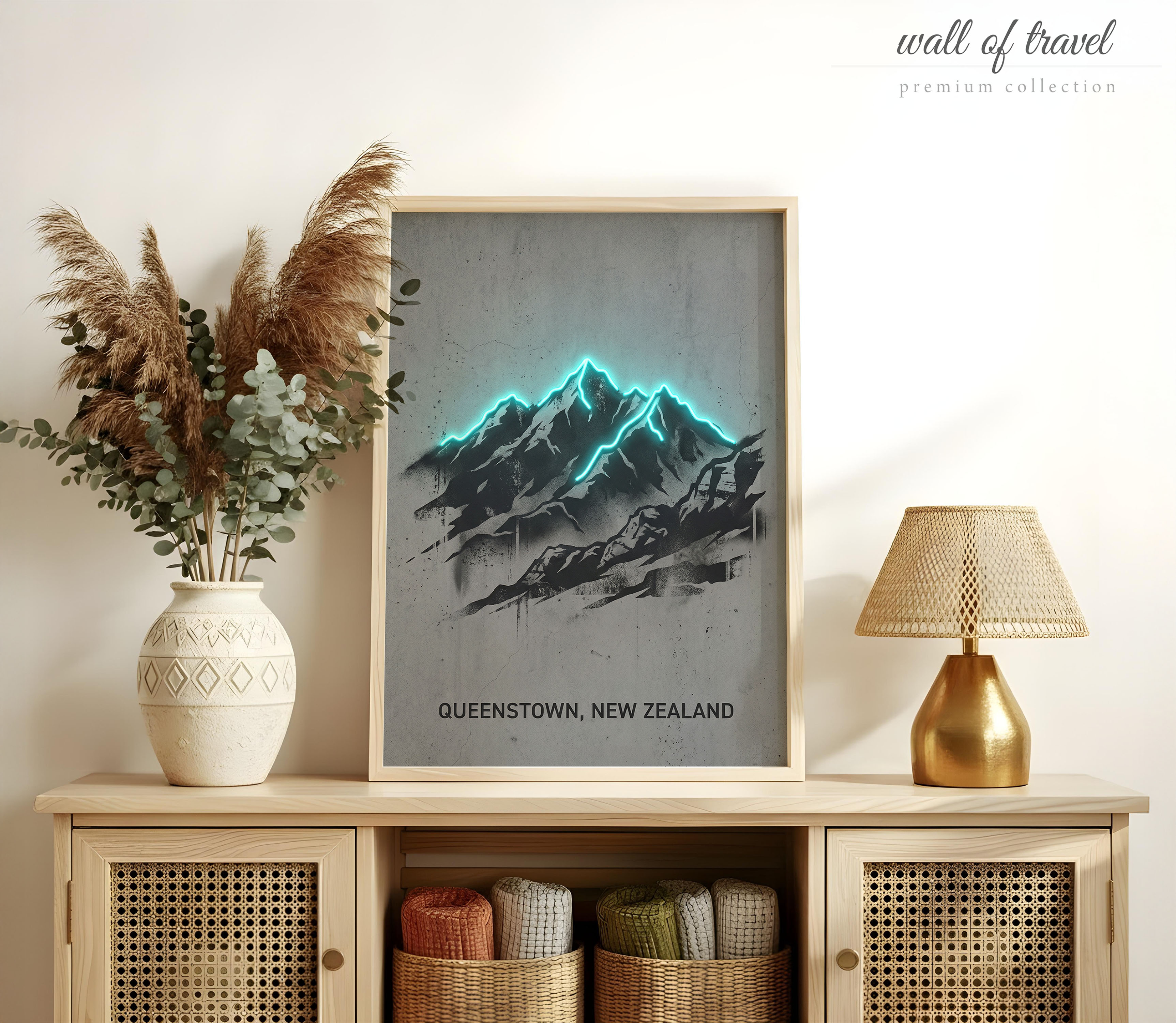 Queenstown New Zealand The Remarkables Art, Canvas or Poster, Neon Paint Splash Decor, Living Room Office Entryway Wall Art, Teal Black Grey