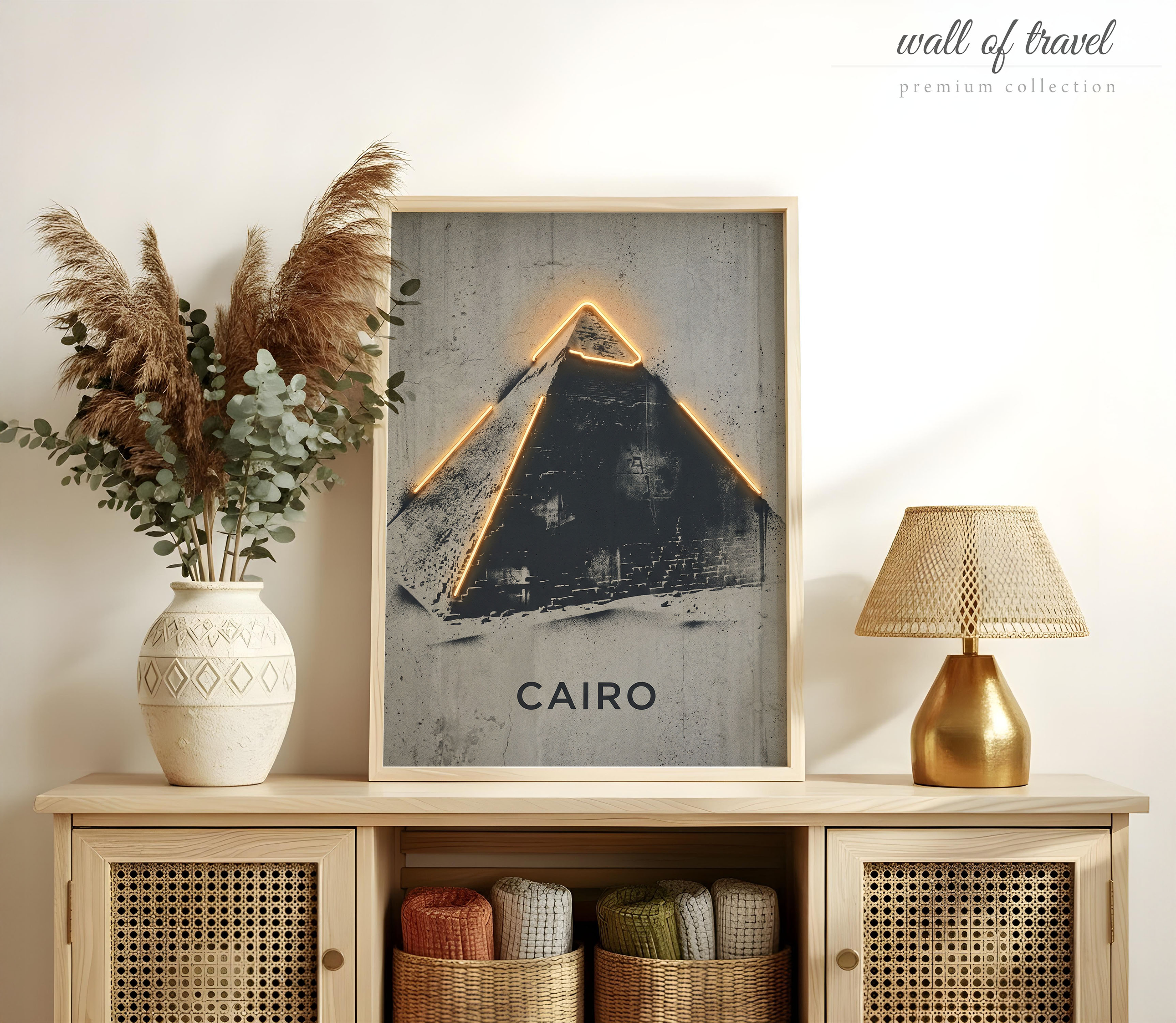 Cairo Egypt Pyramid Art, Canvas or Poster, Neon Paint Splash Decor, Living Room Game Room Office Entryway Wall Art, Gold Black Grey White